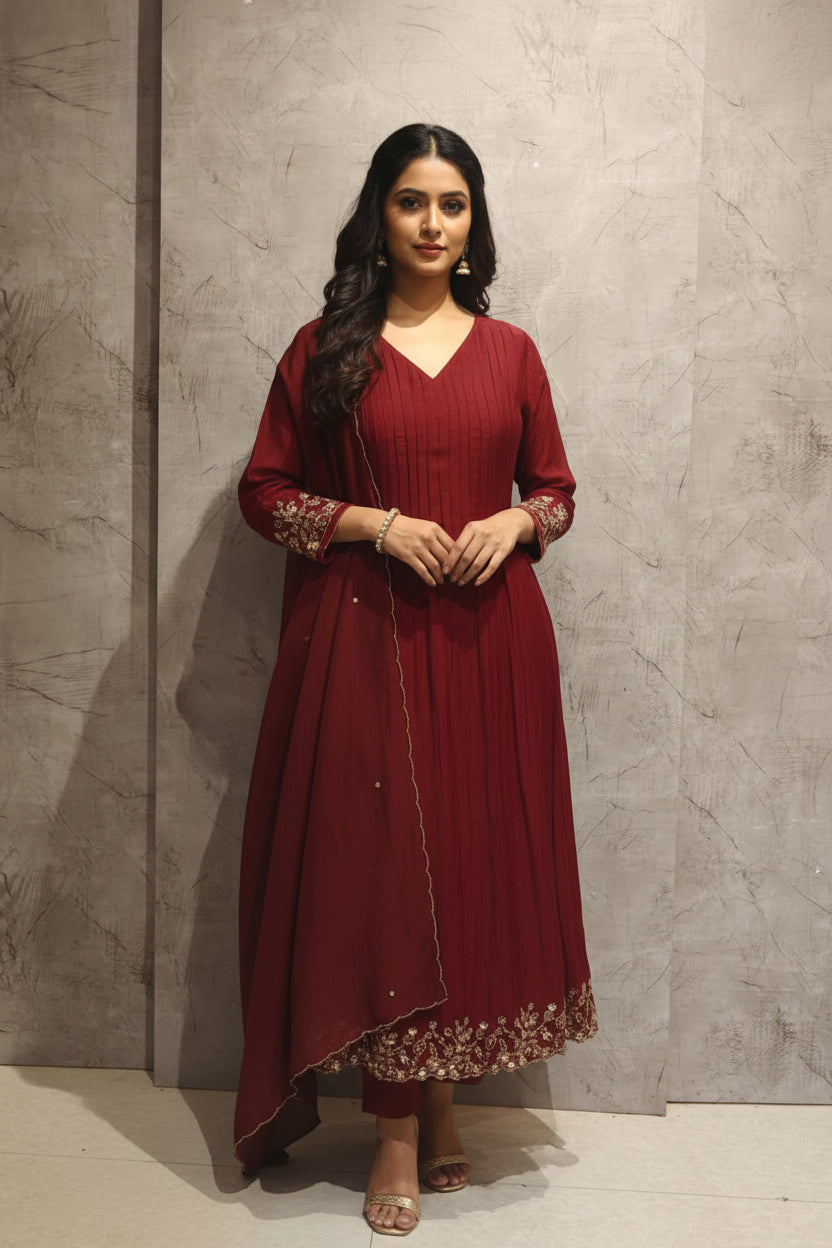 Brown Mul Chanderi Hand Embroidery Anarkali Kurtha 131