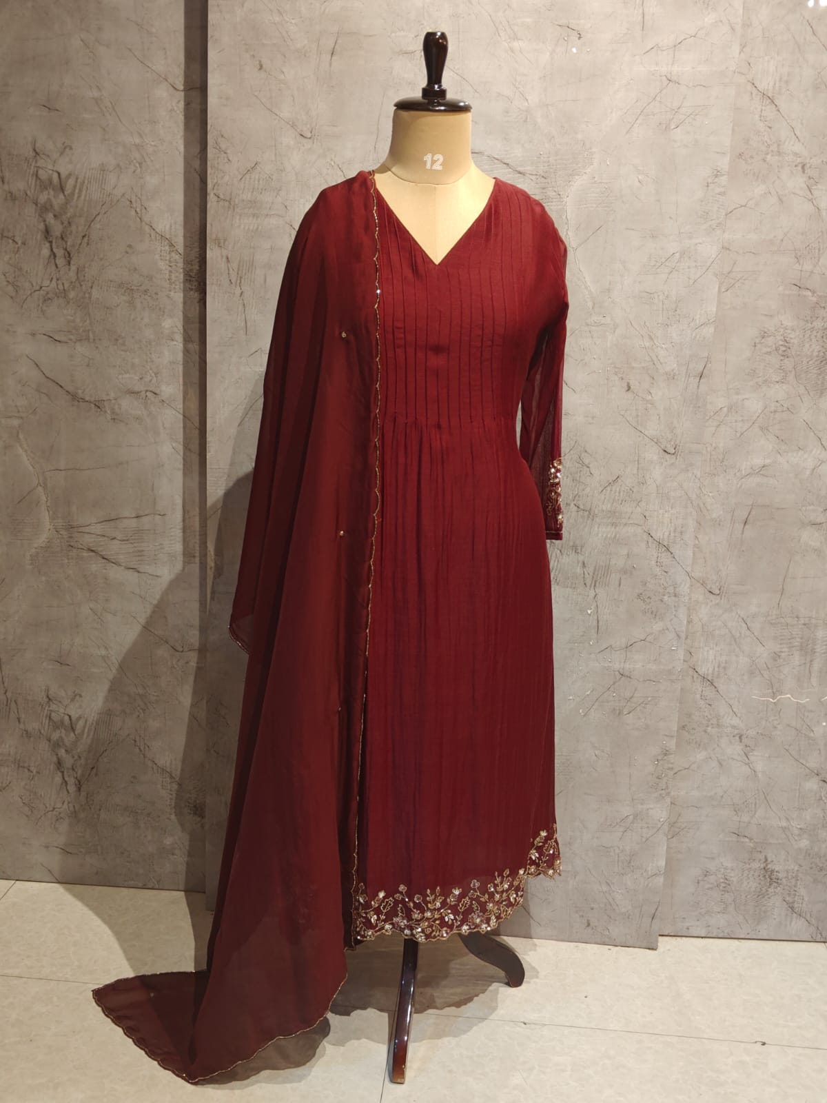 Brown Mul Chanderi Hand Embroidery Anarkali Kurtha 131