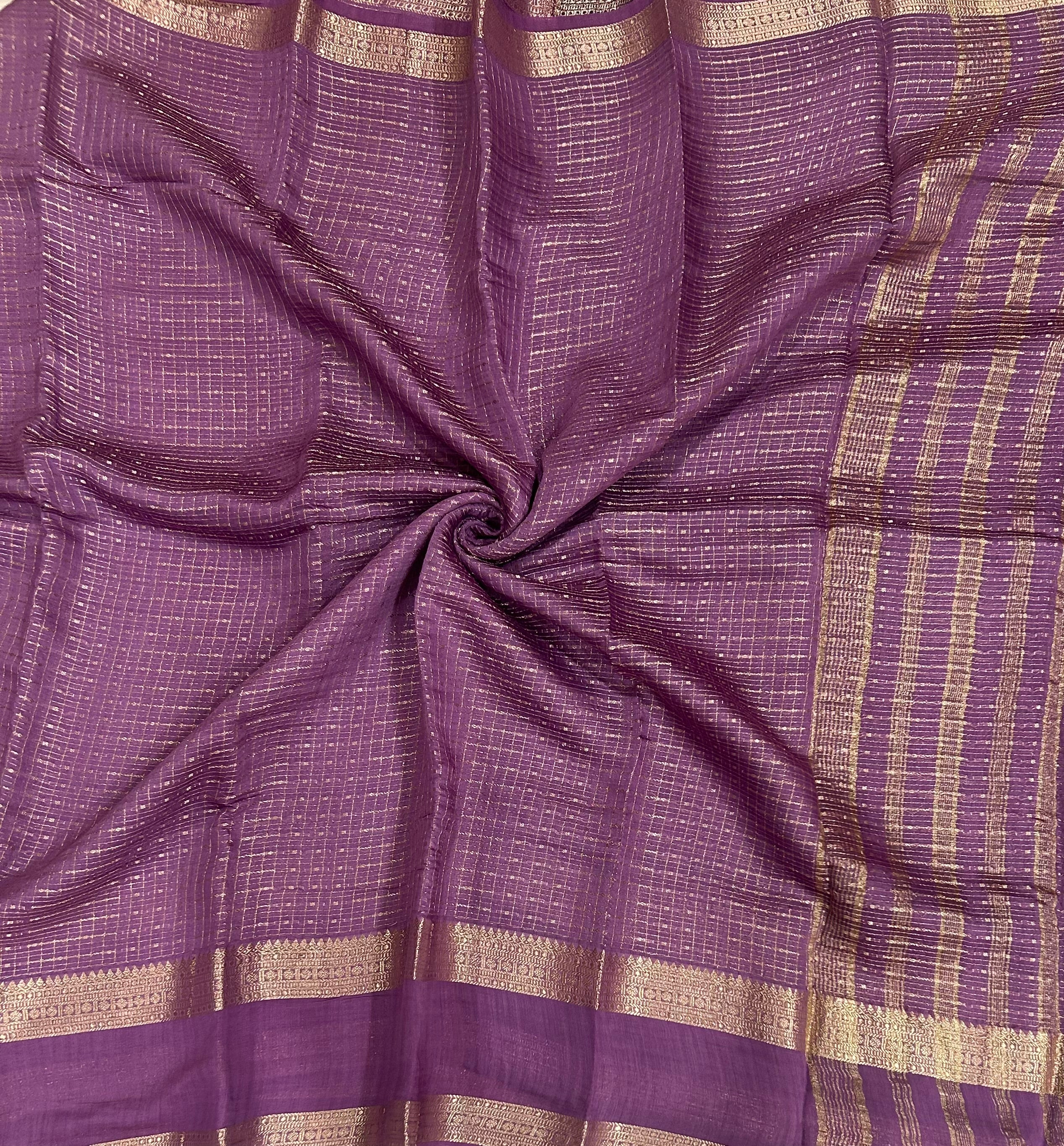Lavender small checks soft Tussar 03 crepe saree