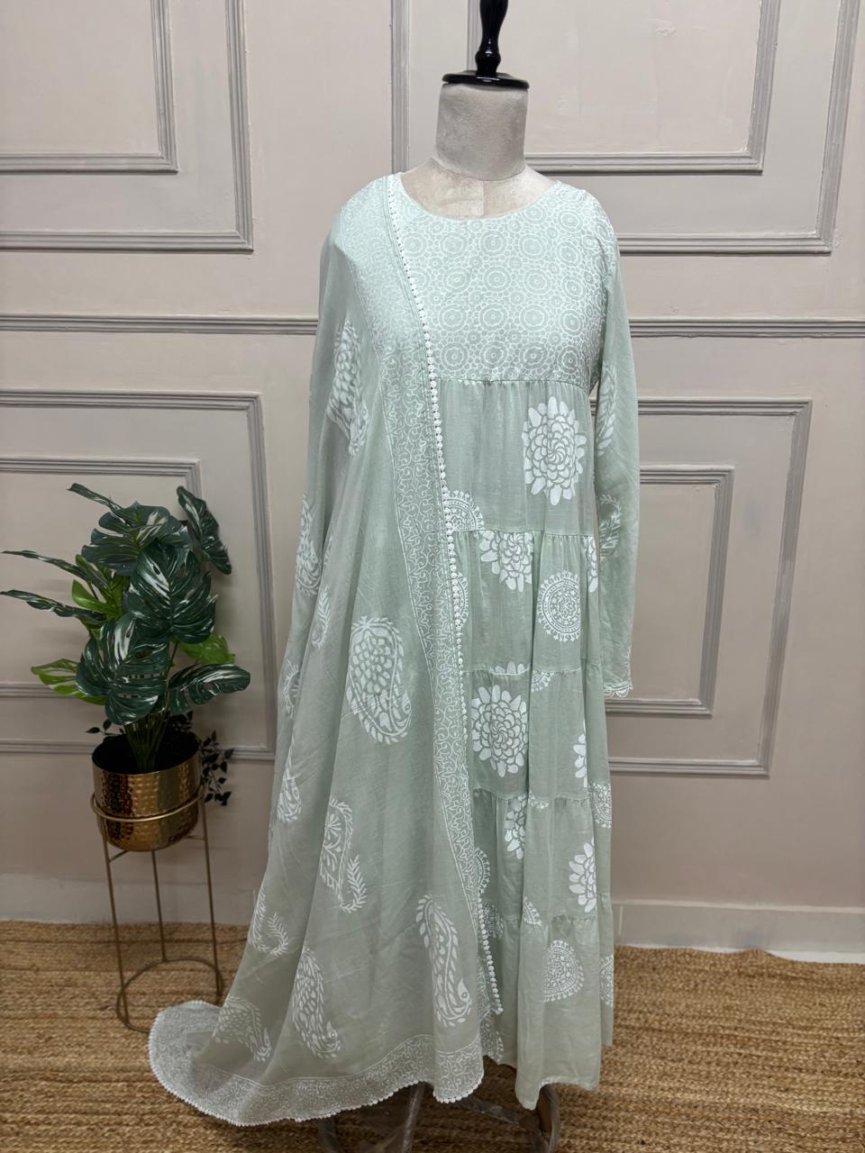 Pista Green Mul Cotton Block Print Anarkali Kurtha 98