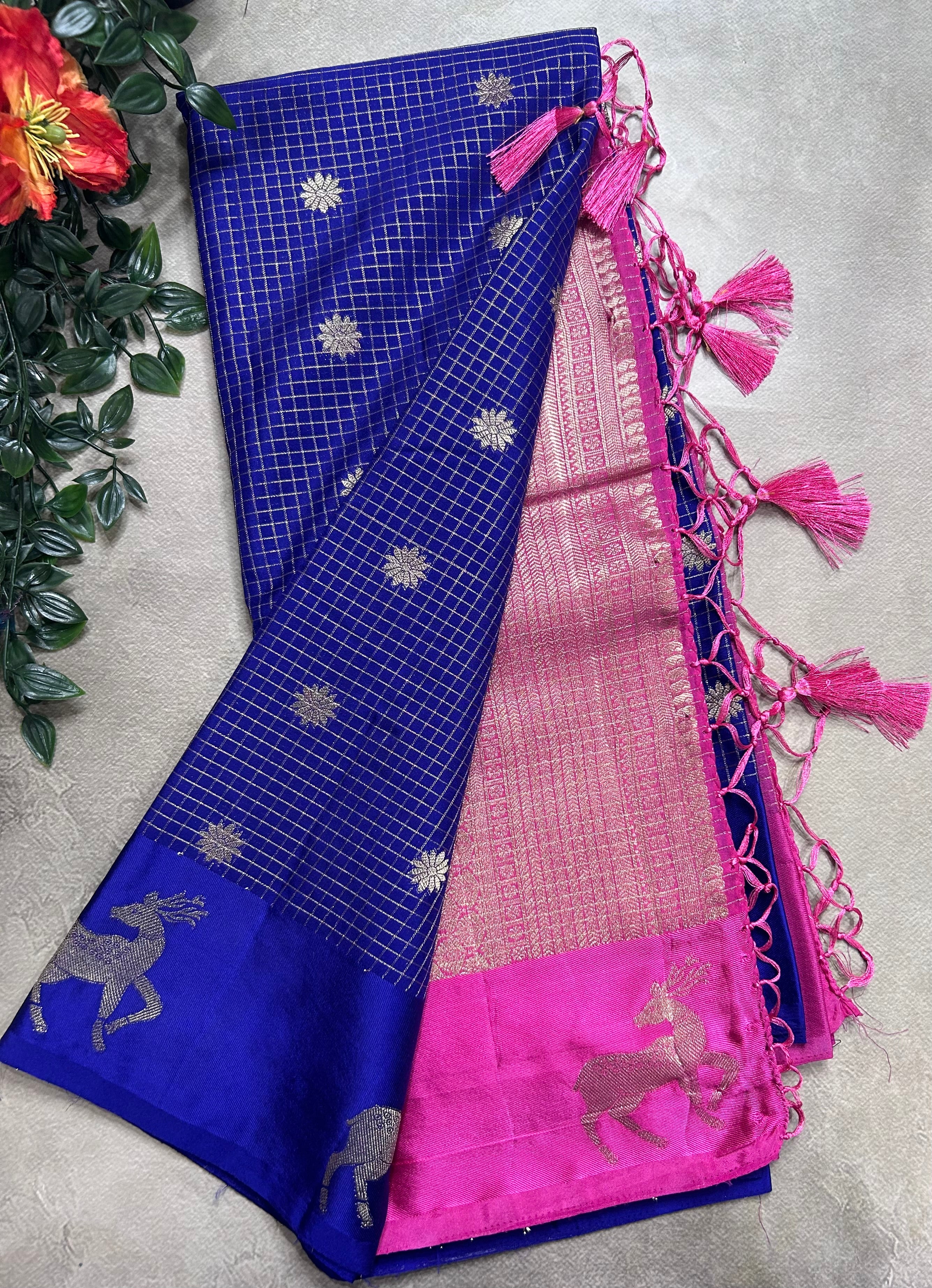 Royal blue small checks semi Mysore crepe 106 saree