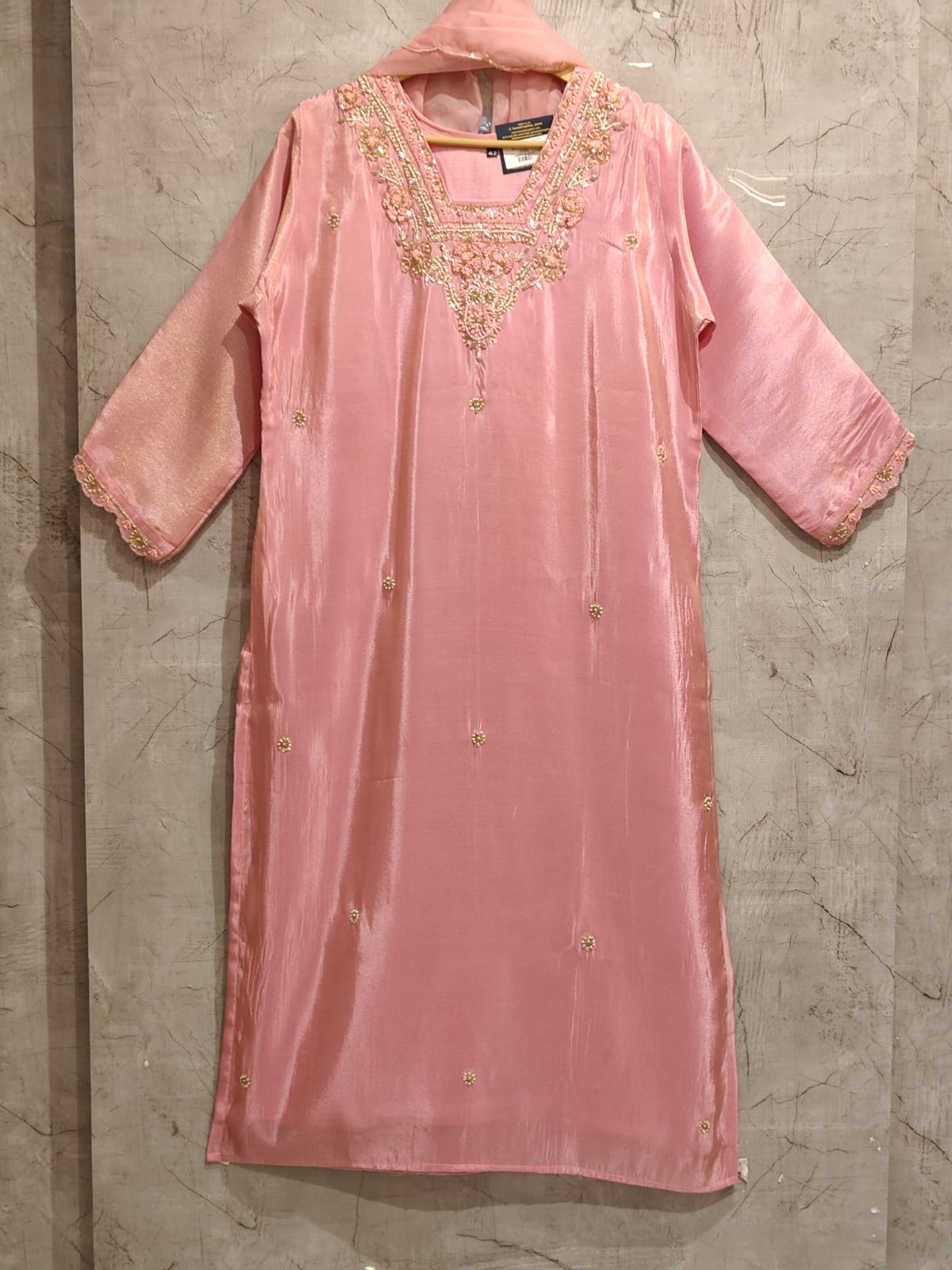 "Chandini" Baby Pink Tissue Shimmer Kurtha with heavy handwork on Sleeves- Plus Size