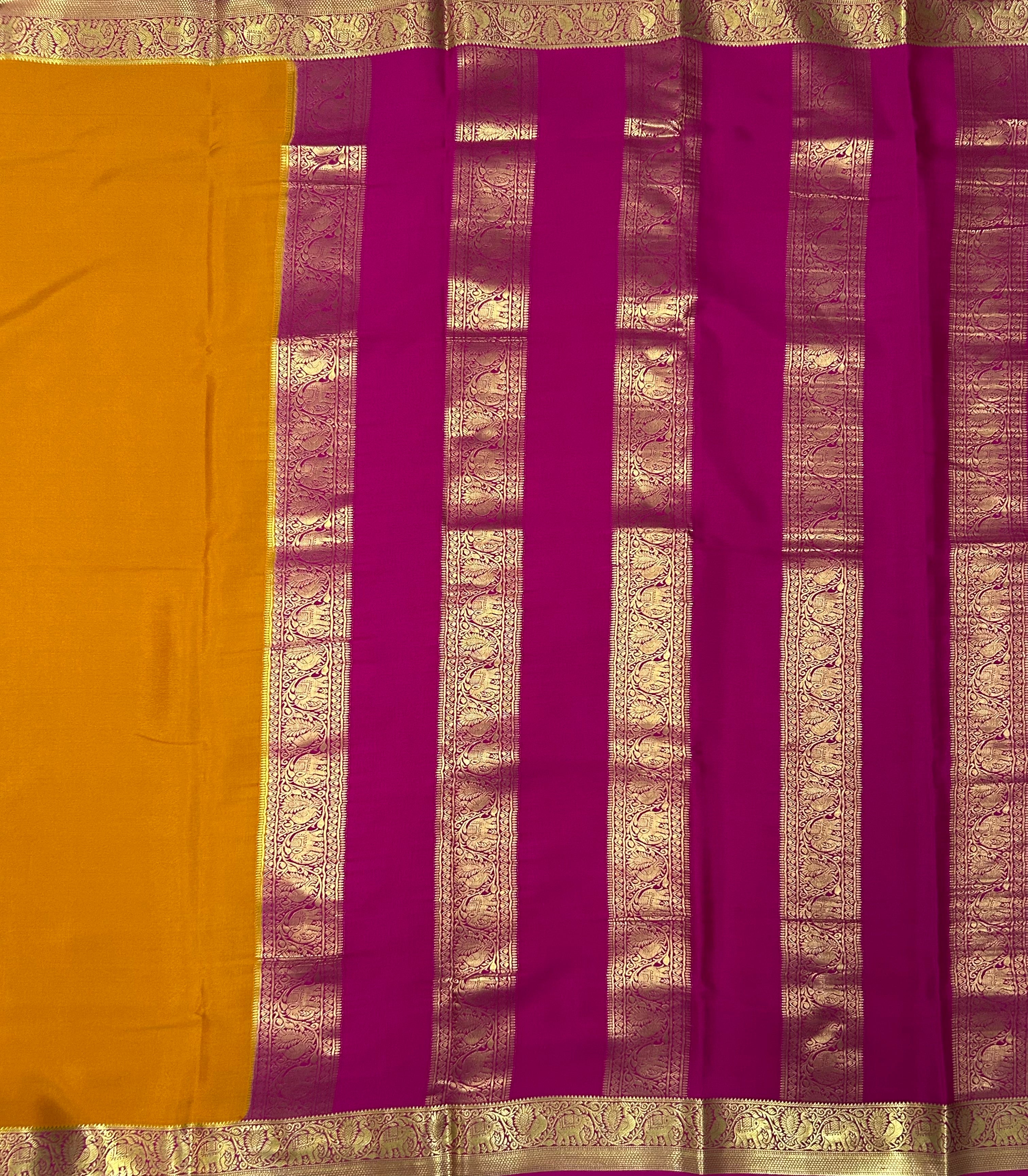 Mustard yellow n pink partly pallu Pure Mysore silk crepe 103 Saree