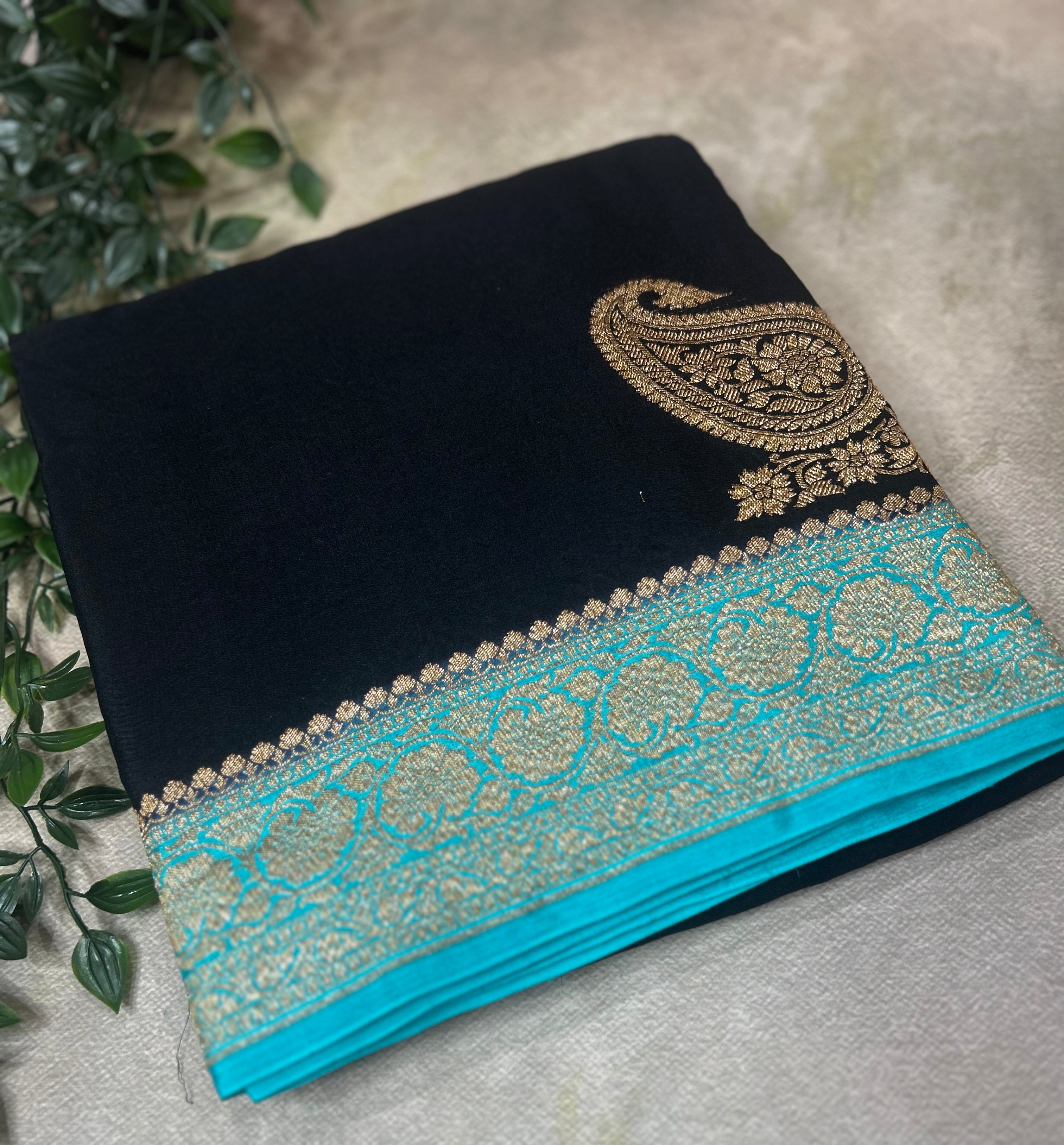 Black n blue pure banarasi crepe 102 silk saree