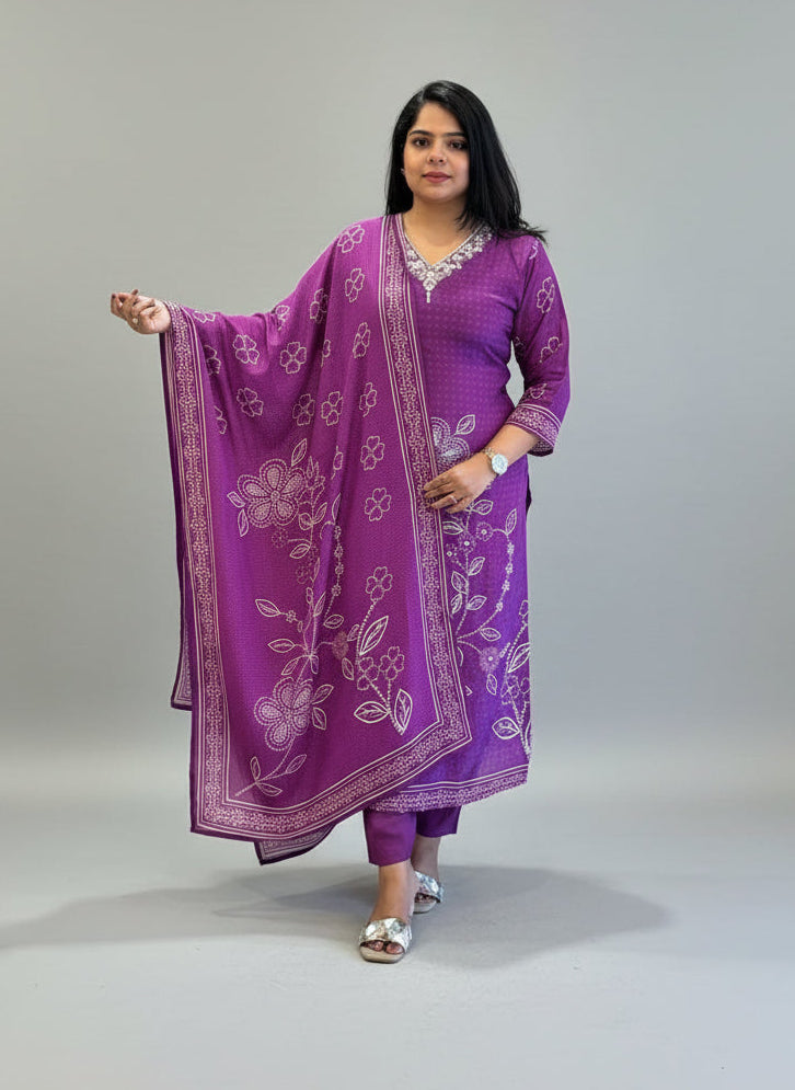 Purple  Digital Print Handwork Crepe Kurtha 533