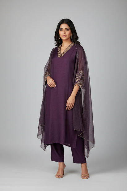 Dark Purple Dola Silk Handwork Straight Fit Kurtha