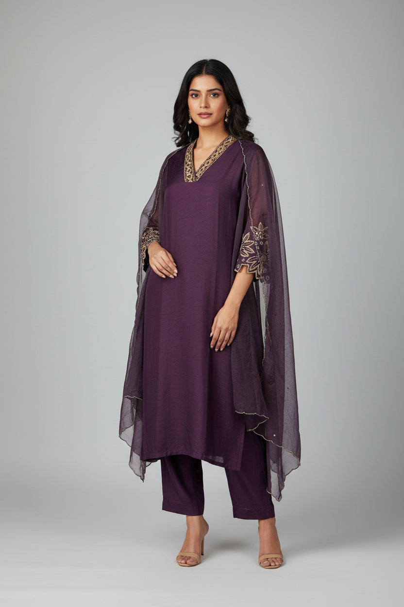 Dark Purple Dola Silk Handwork Straight Fit Kurtha
