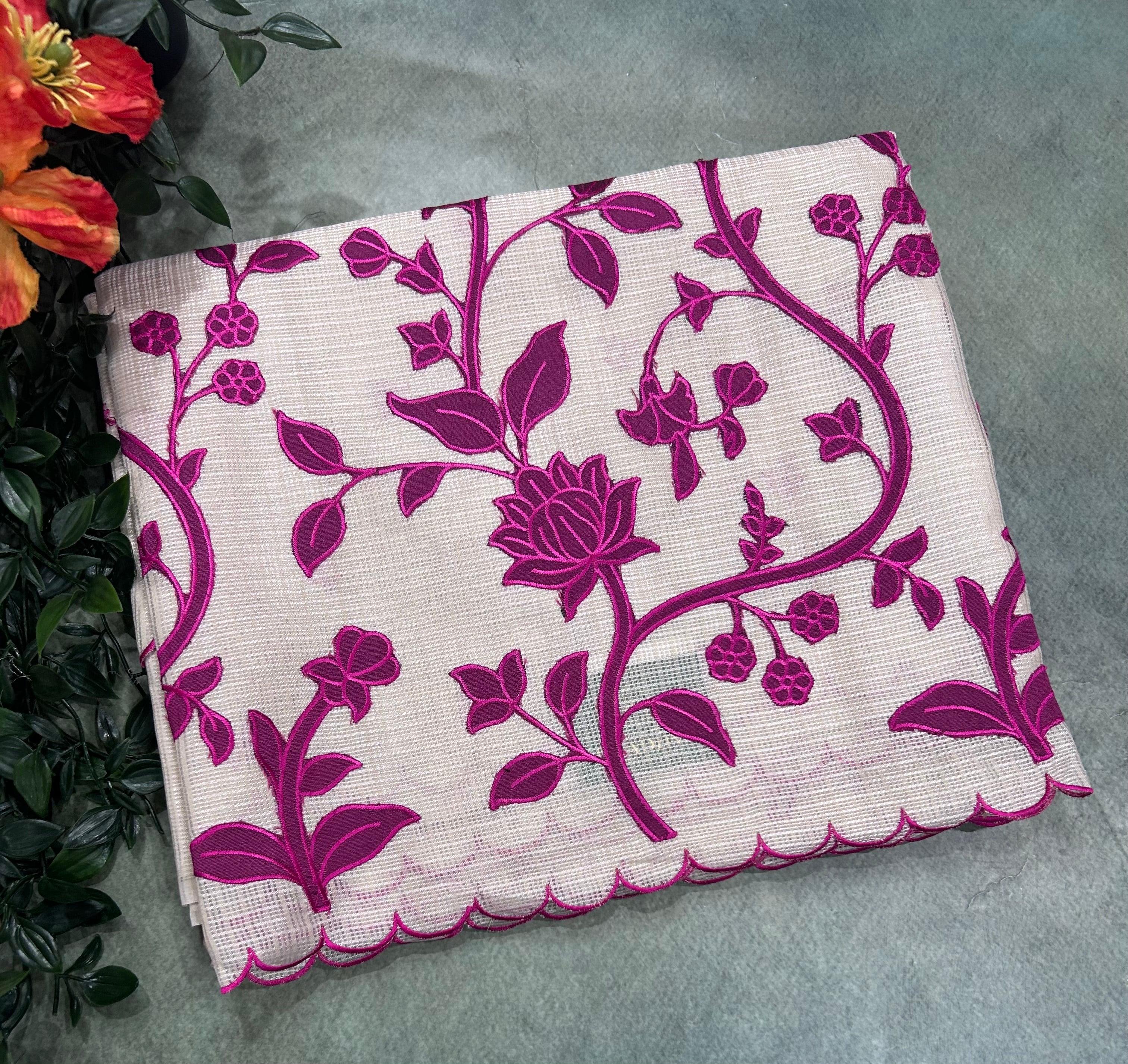 Cream scallop border pink embroidery work Kota check 106 Saree