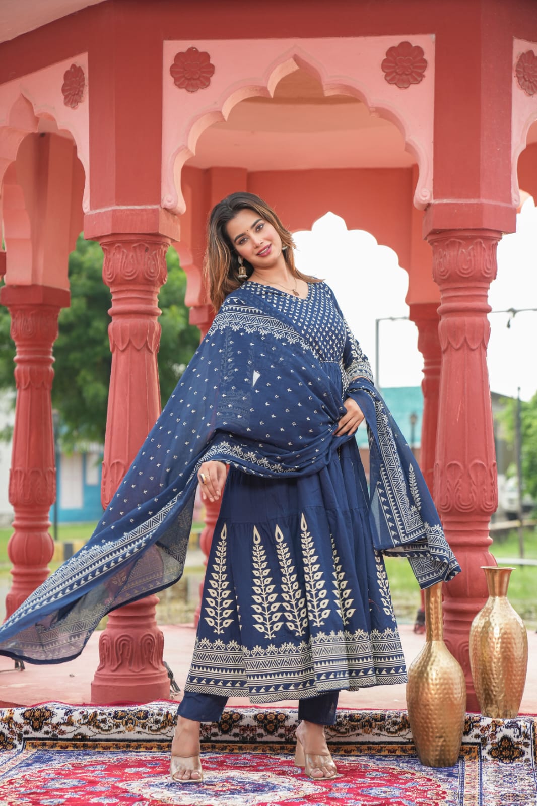 "Naya" Newy Blue Mul Cotton Block Print Anarkali Kurtha 100