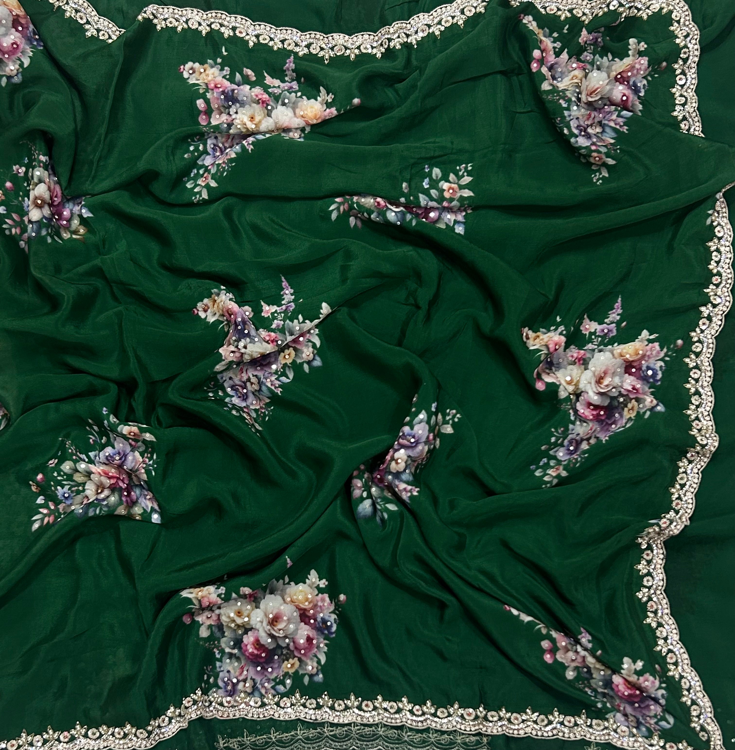 Bottle green digital printed crepe 104 party wear saree