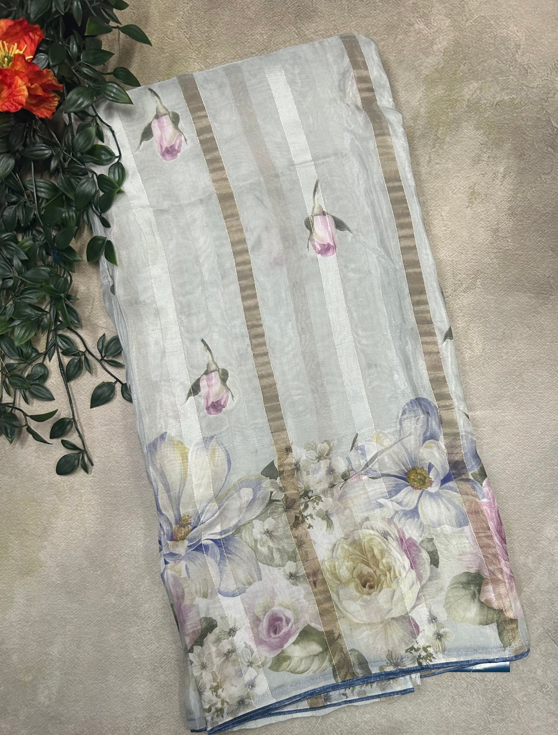 Cream digital print chinnon saree