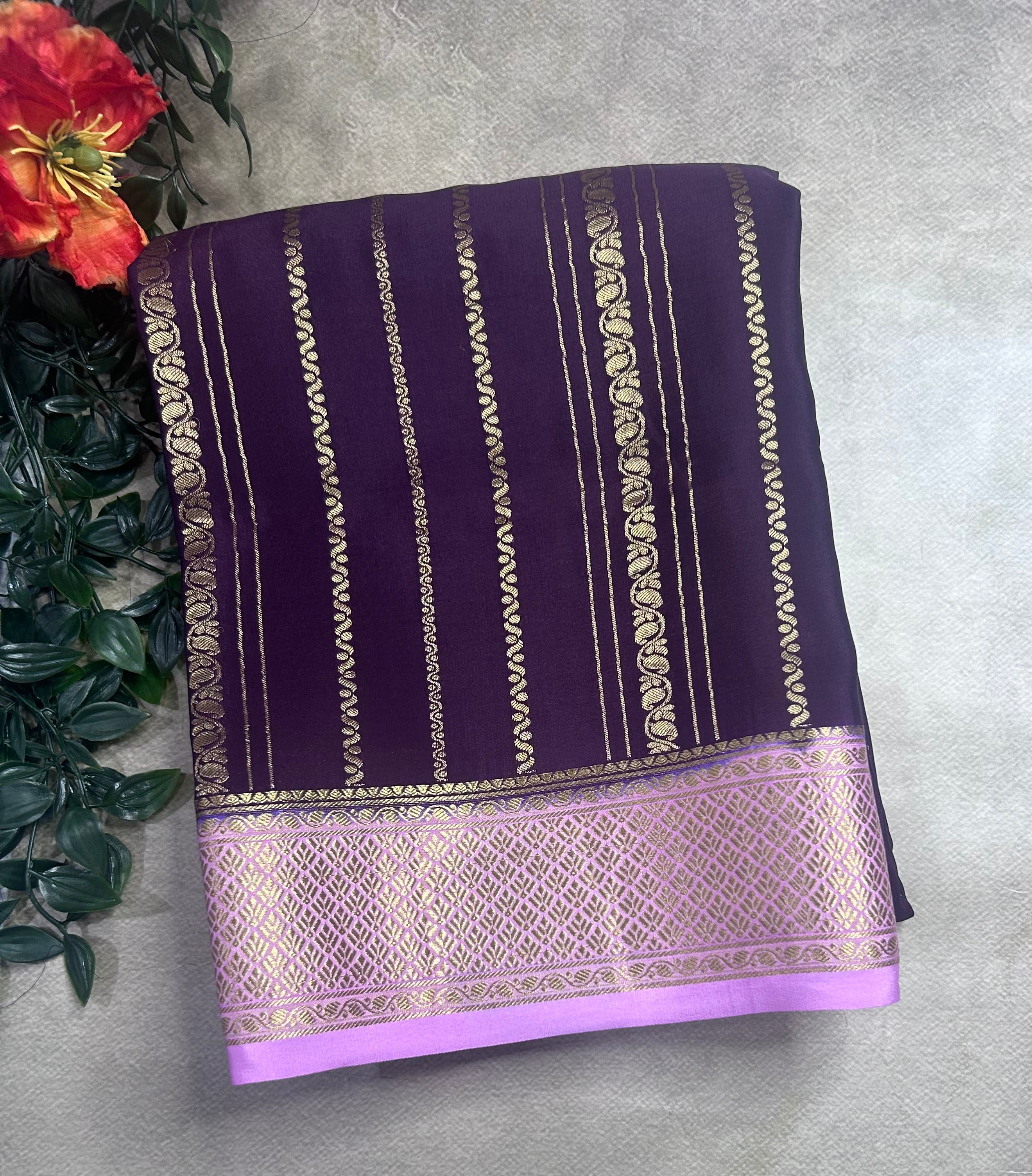 Wine stripes pure mysore crepe silk saree (SMS106)