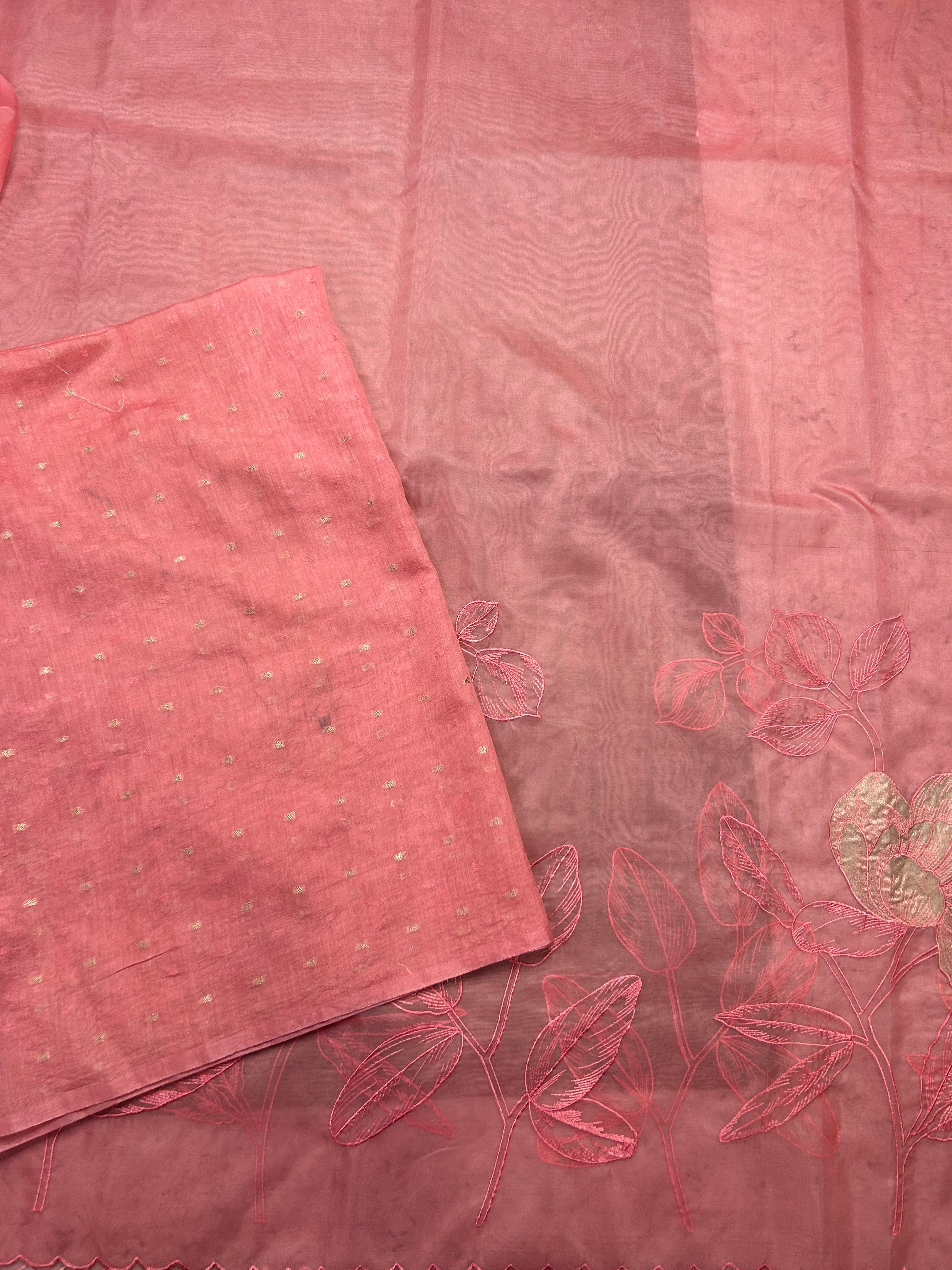 Pastel pink vicose organza appliqué scallop border 105 saree