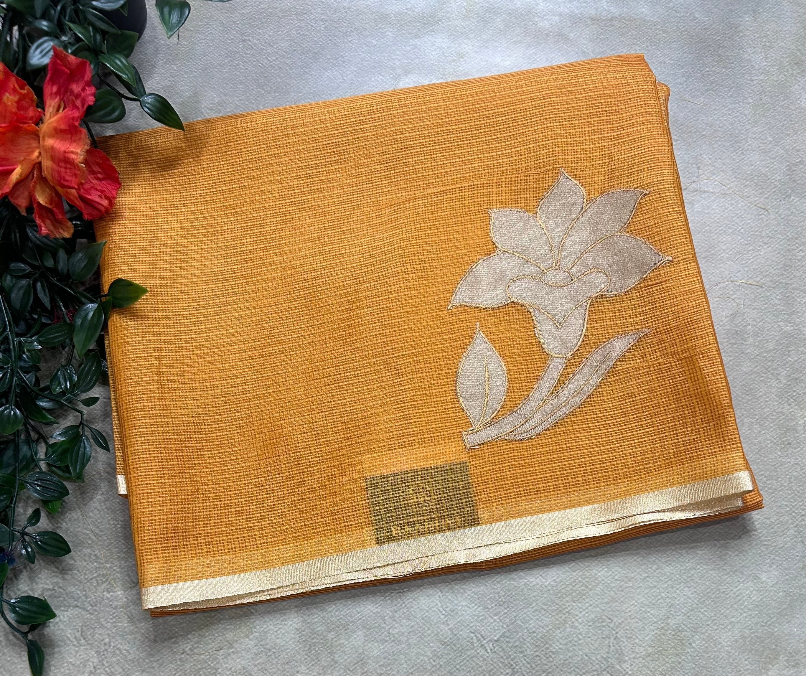 Yellow kota checks appliqué work 106 saree
