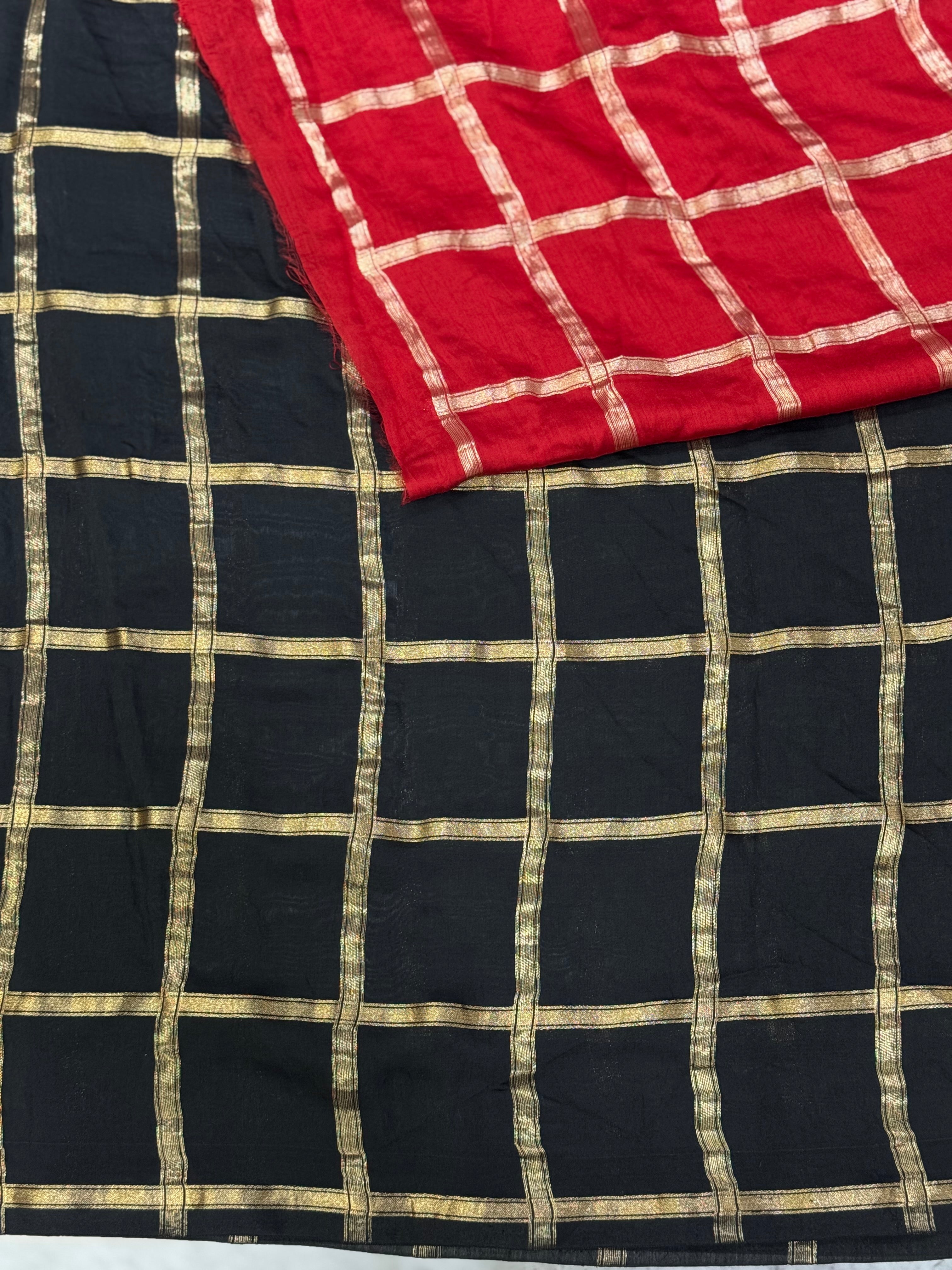 Black soft tussar crepe checks  saree