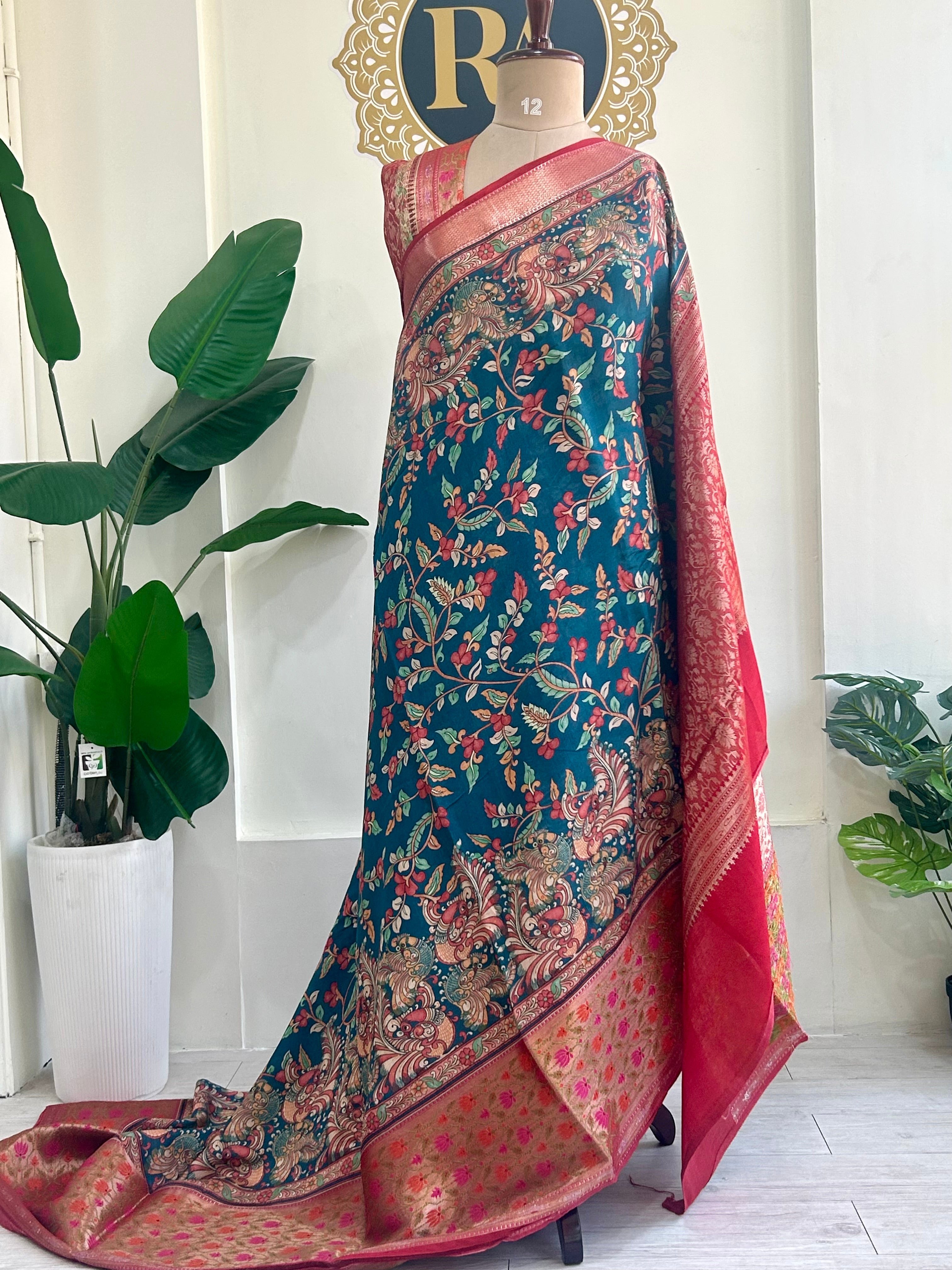 Peacock blue n red  bb kalamkari Chanderi saree