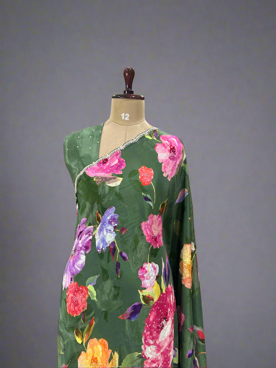 Dark green work scallop border printed pure crepe digital print party wear-09