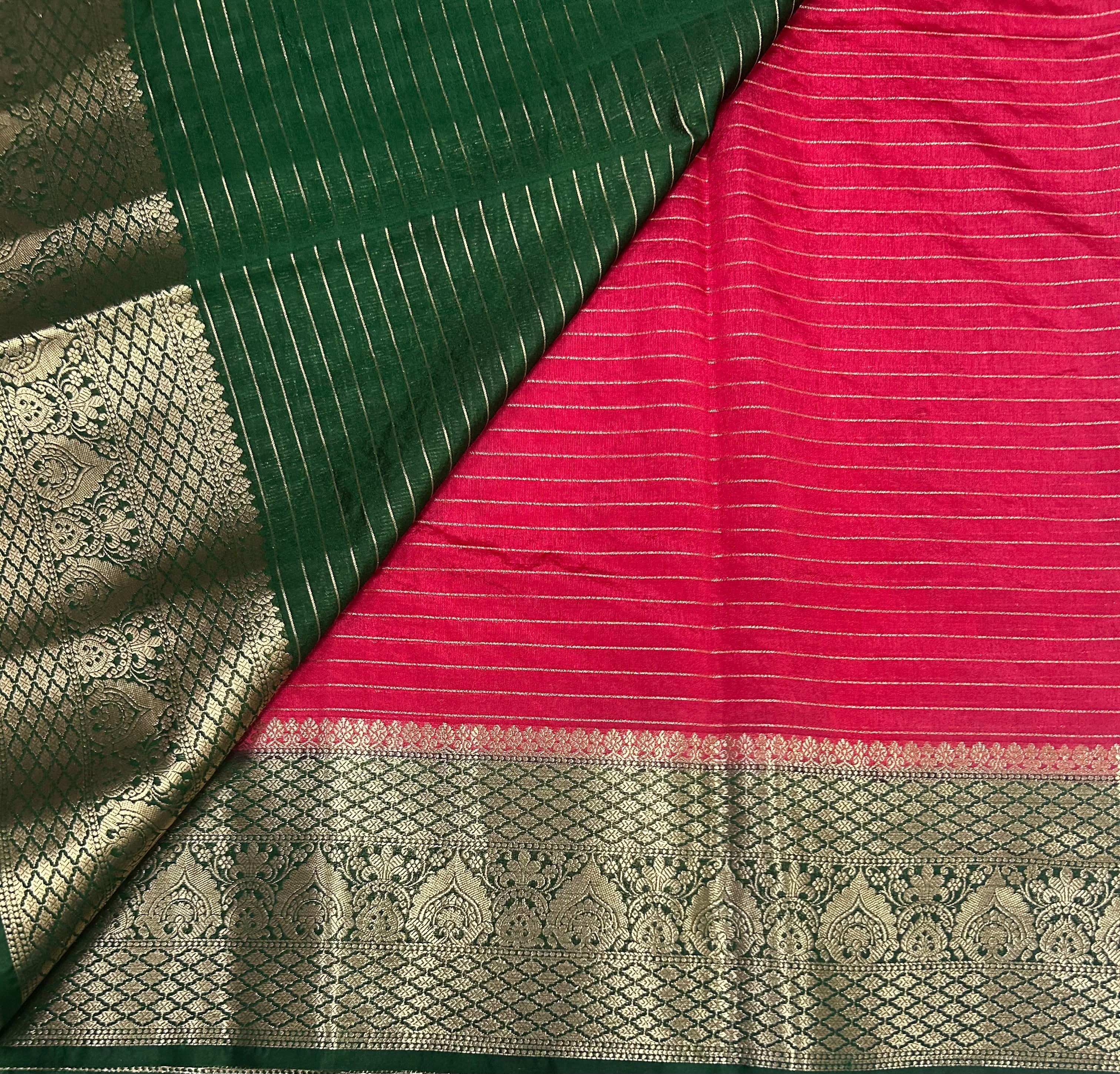 Pink long Border stripes semi Silk Saree