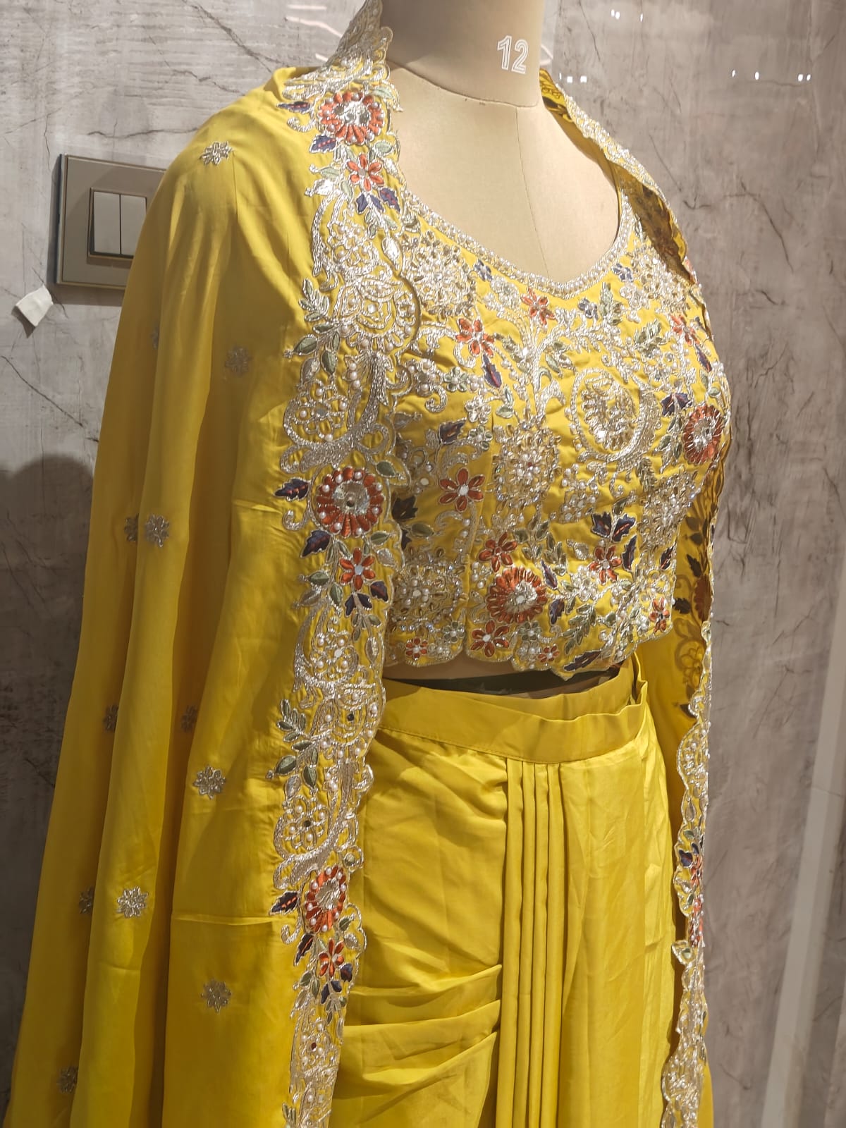 “Pari" Yellow Indo-western handwork Top, Skirt and Cape kurtha 42