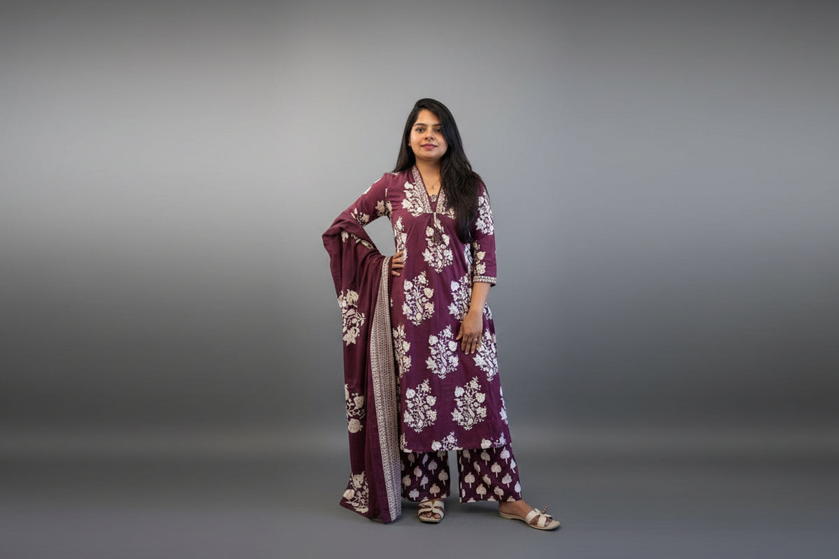 “Kaya” Purple Mul Cotton with block prints 3pcs  Kurtha 59