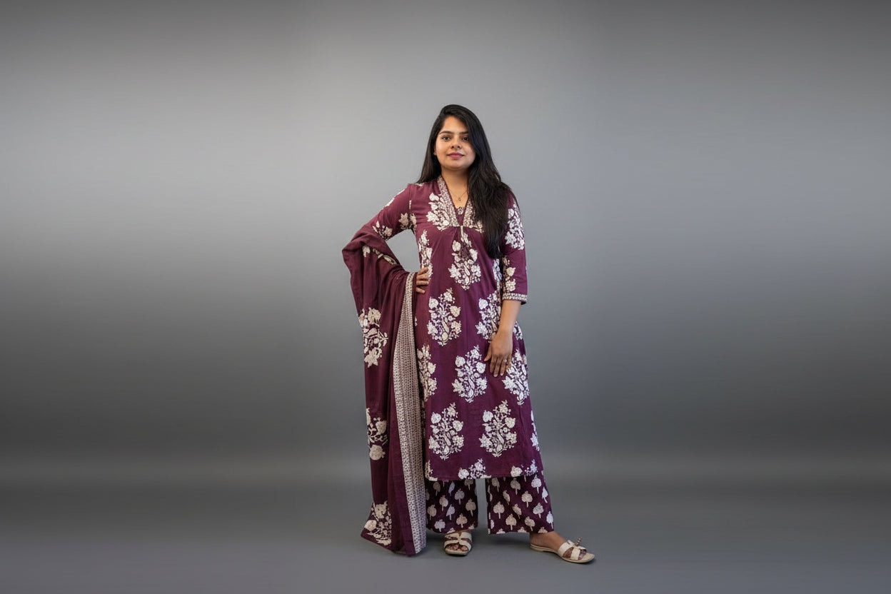 “Kaya” Purple Mul Cotton with block prints 3pcs  Kurtha 59
