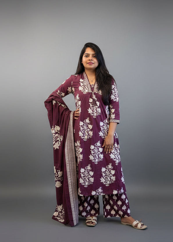 “Kaya” Purple Mul Cotton with block prints 3pcs  Kurtha 59