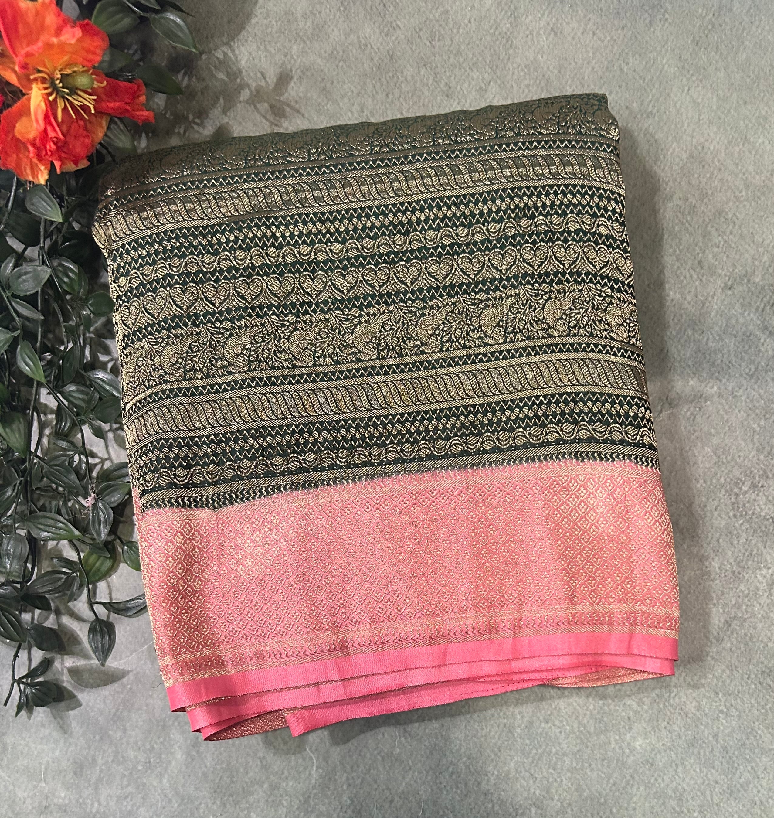 Bottle green brocade semi georgette 105 saree