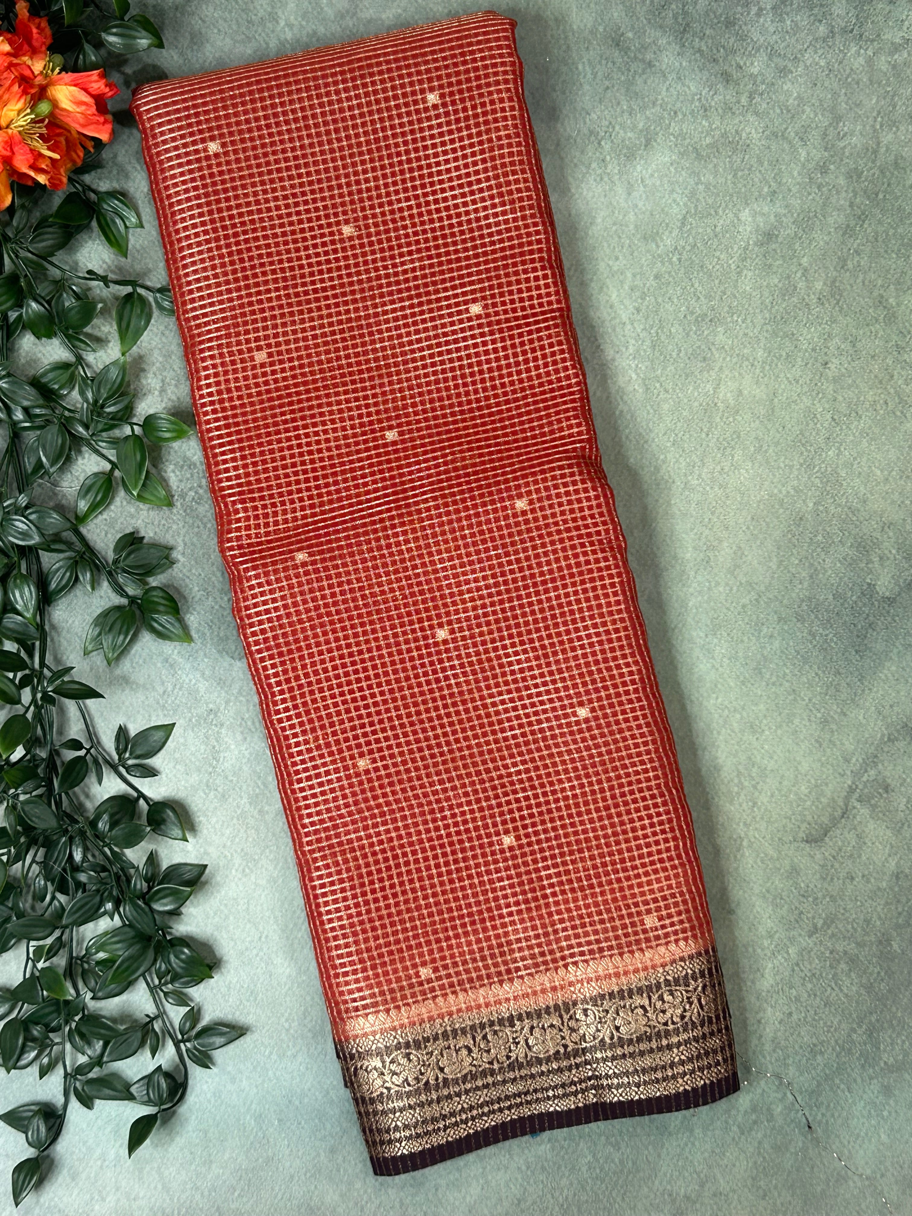 Rust orange small checks semi mysore crepe-12 saree