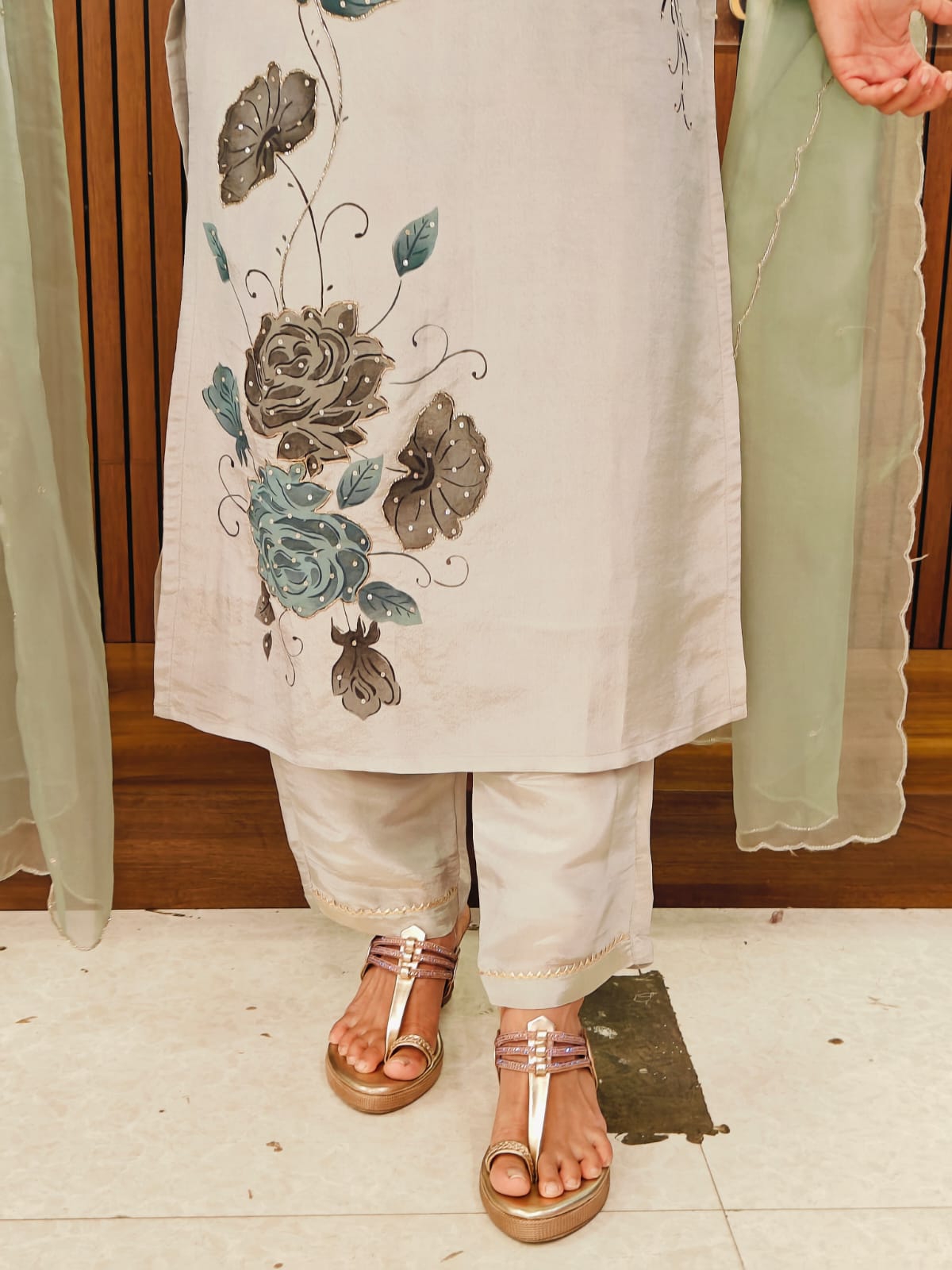 “Chandini" Blue Floral tissue shimmer silk Kurtha suit with work hand embroidery