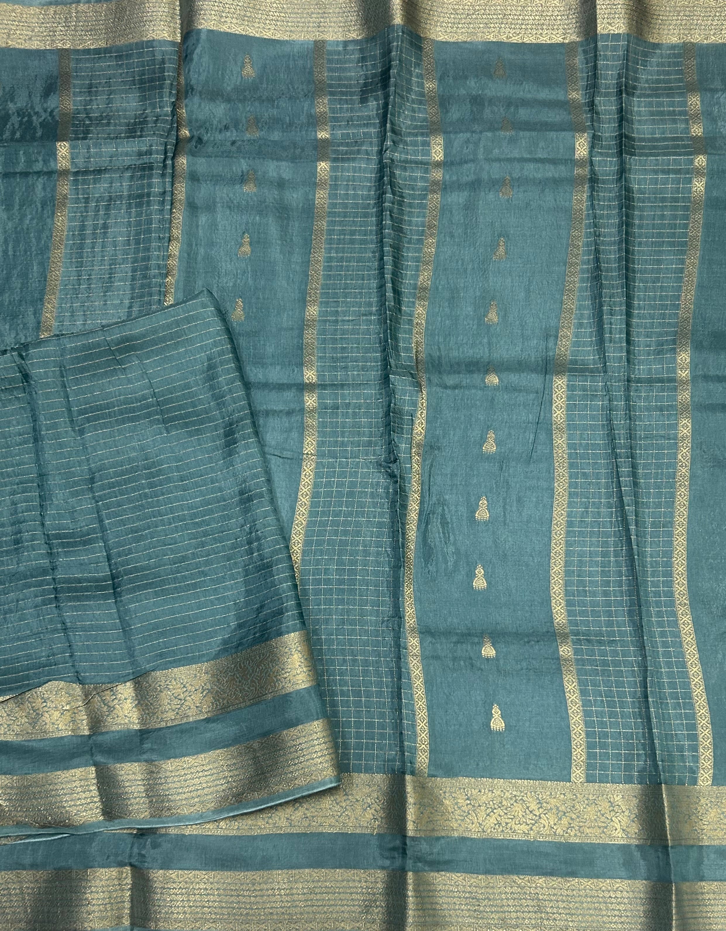 Light blue jumka n checks semi silk saree