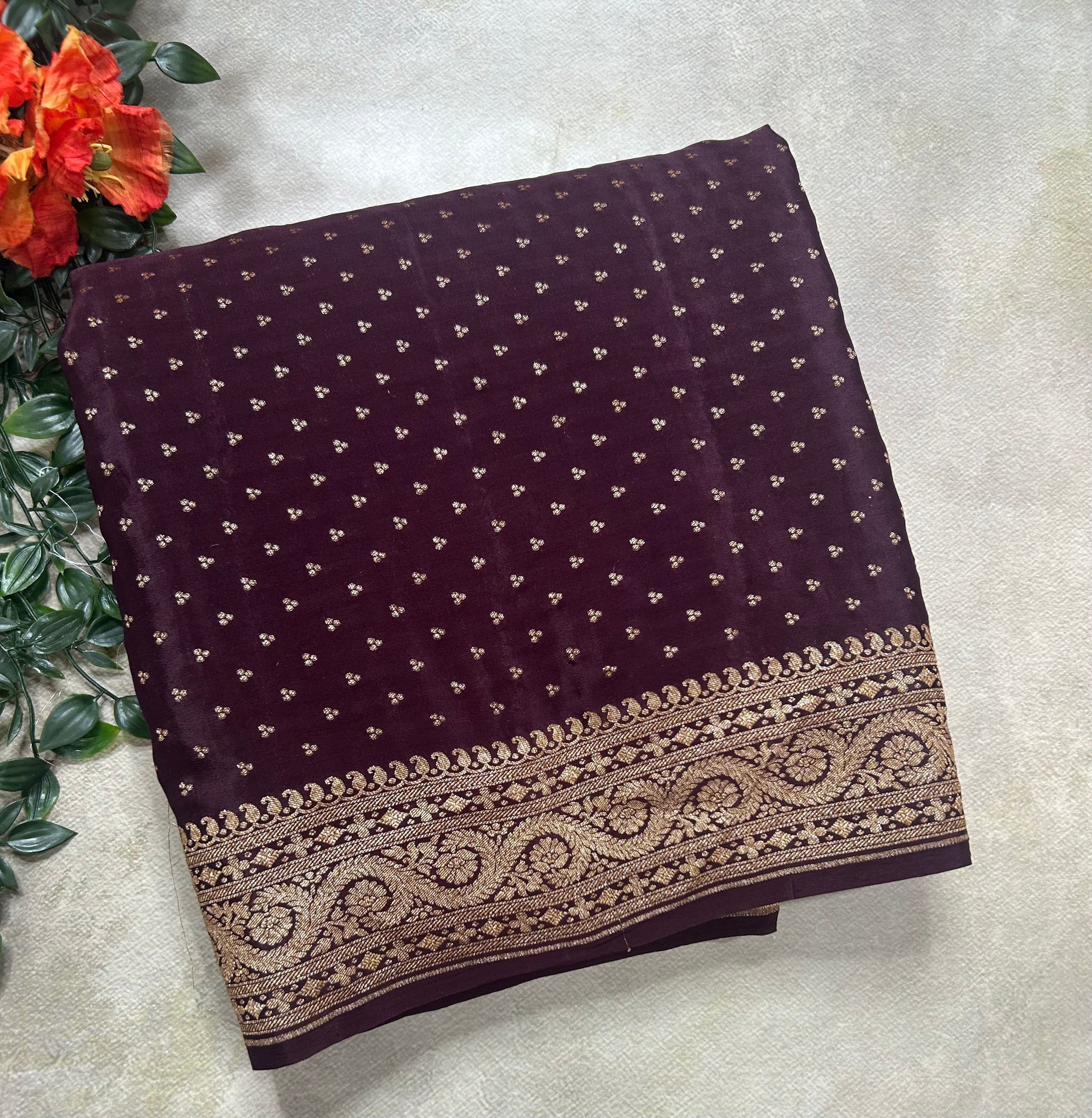 Dark brown small Butta pure Benarasi crepe 106 saree