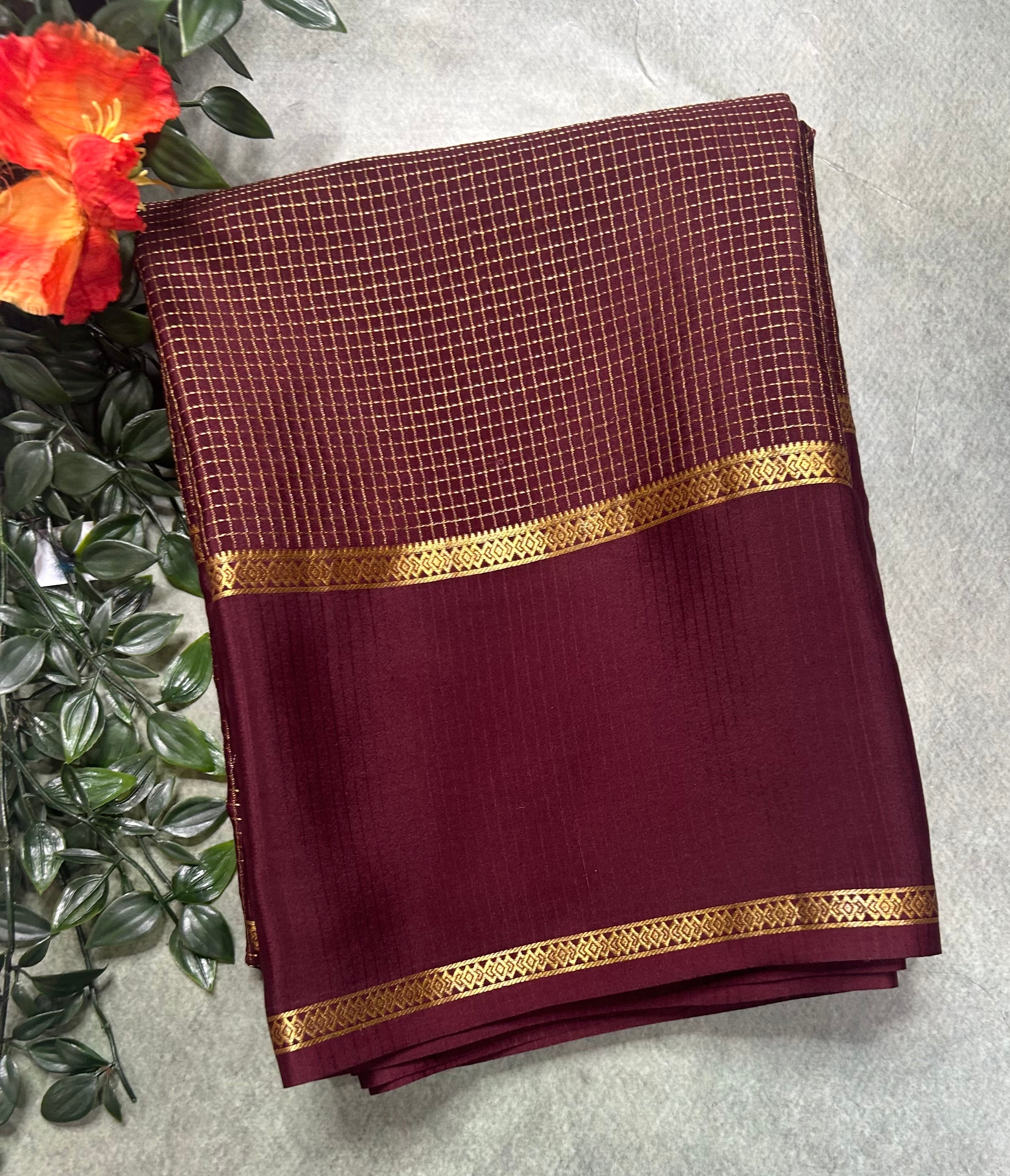 Brown small checks n bentex border pure Mysore silk 105 saree