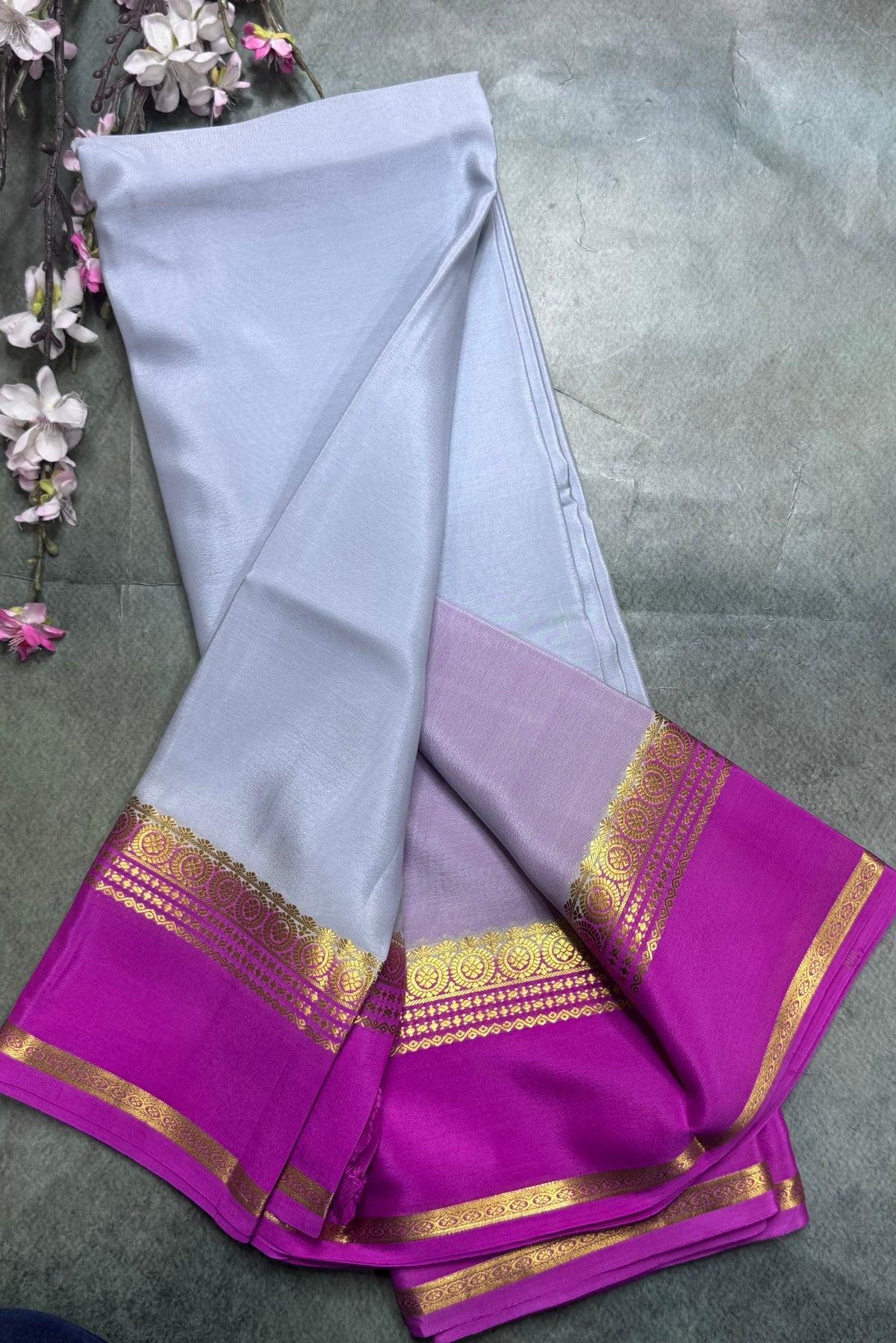 Light grey long border pure Mysore silk saree