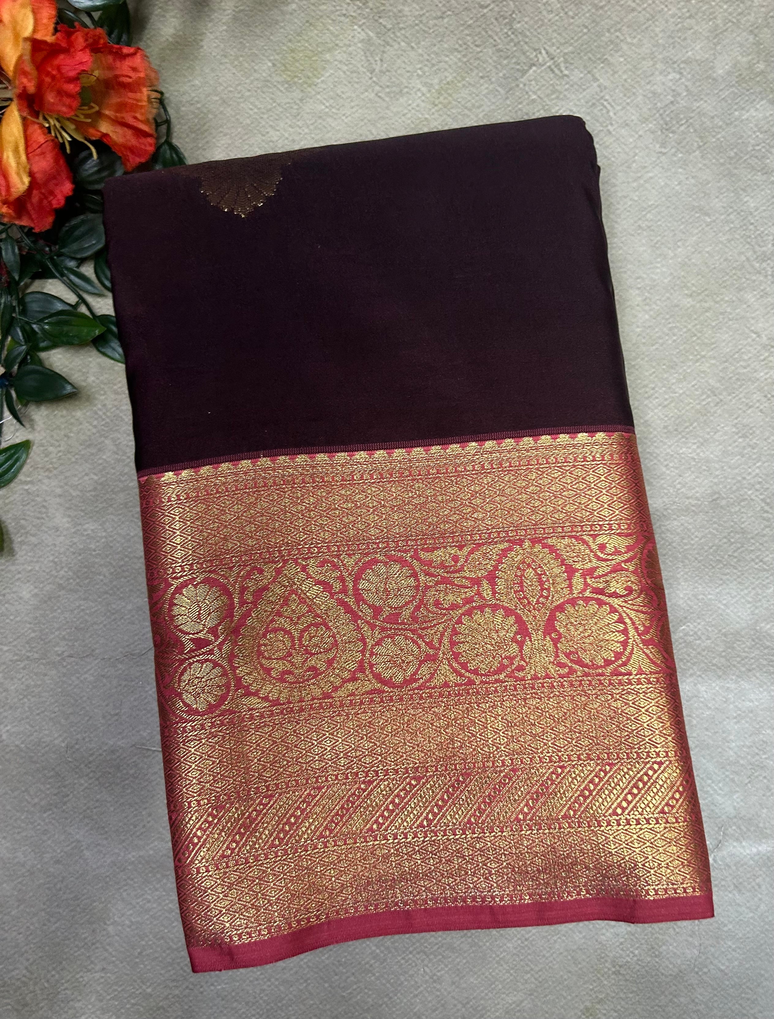 Dark brown small border semi Kanchi-105 saree