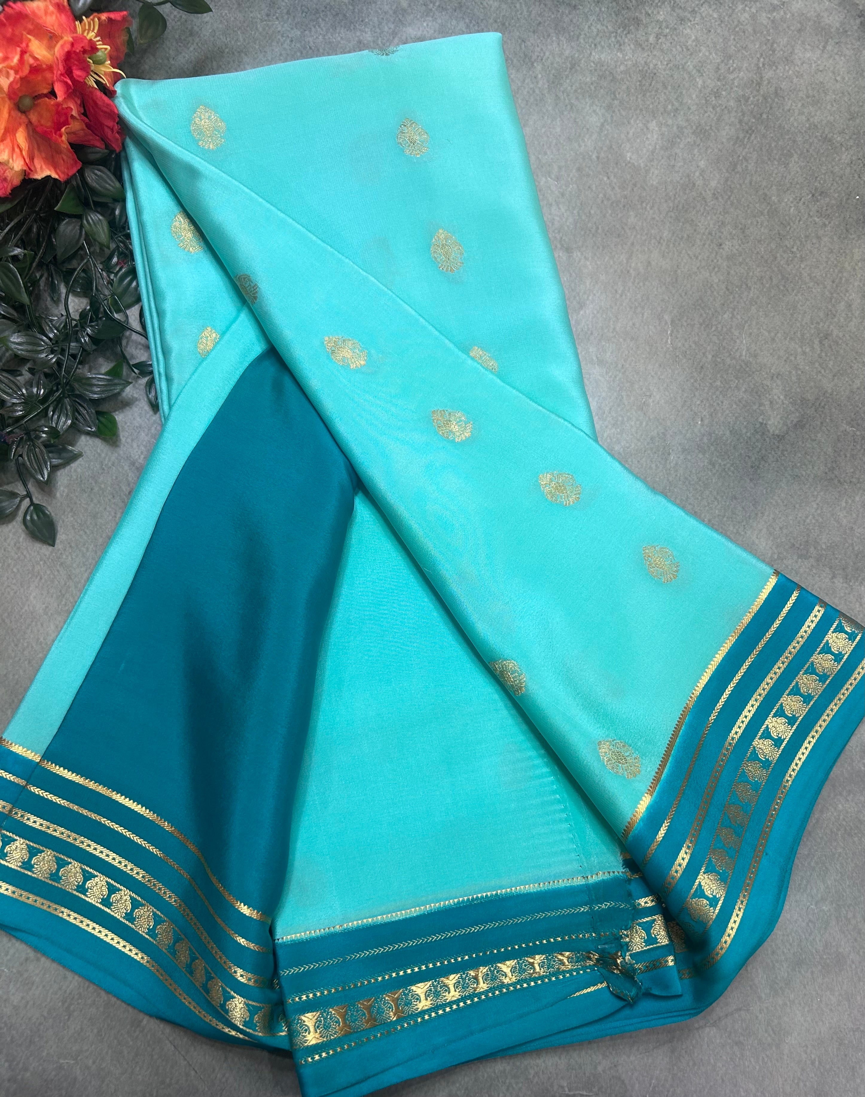 Sea green stripes border pure Mysore silk 106 saree