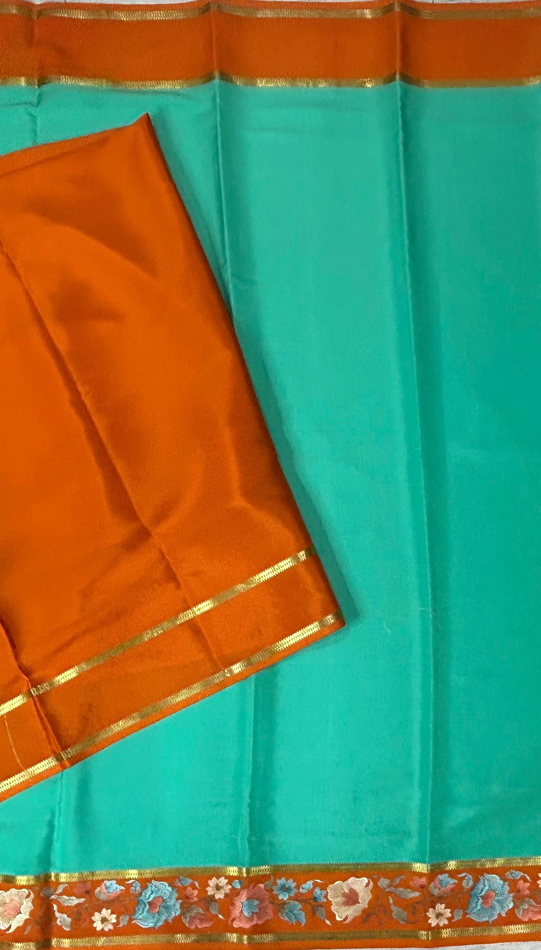 Distemper blue embroidery border contrast pure mysore silk saree EMS107