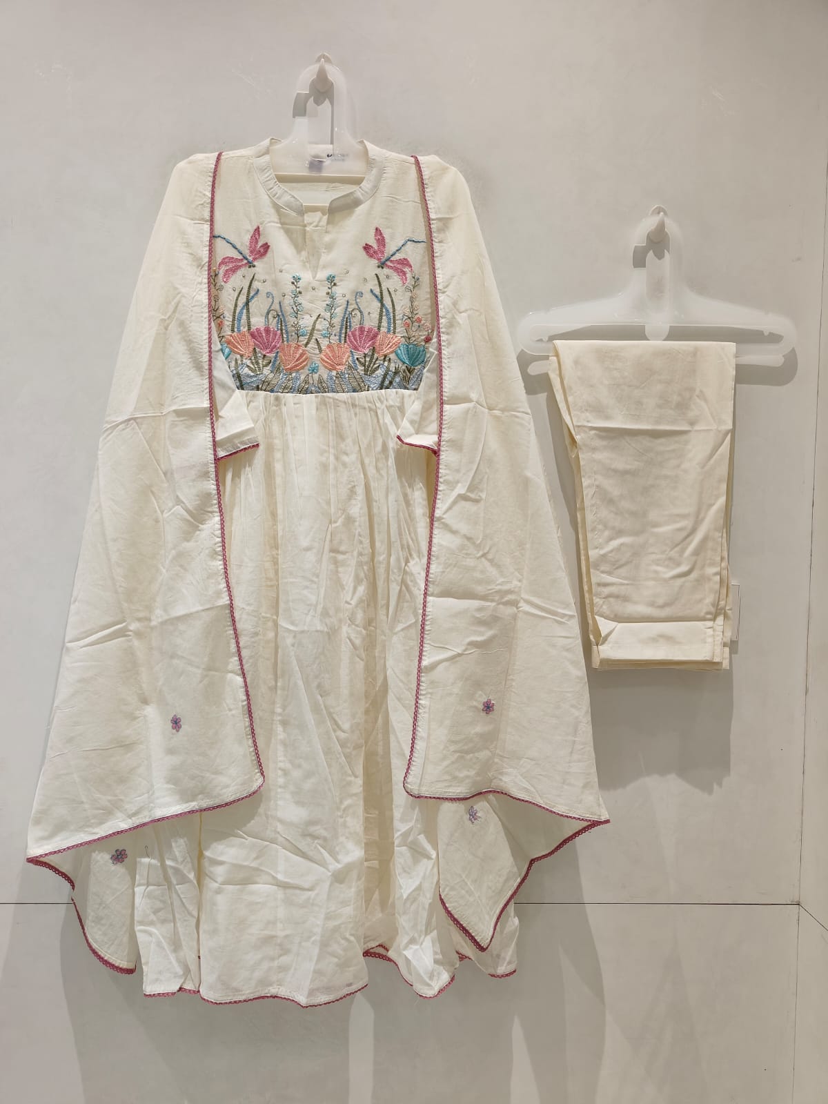 “Jhoda” cream Mul cotton with hand work Anarkali Kurtha suit with dupatta