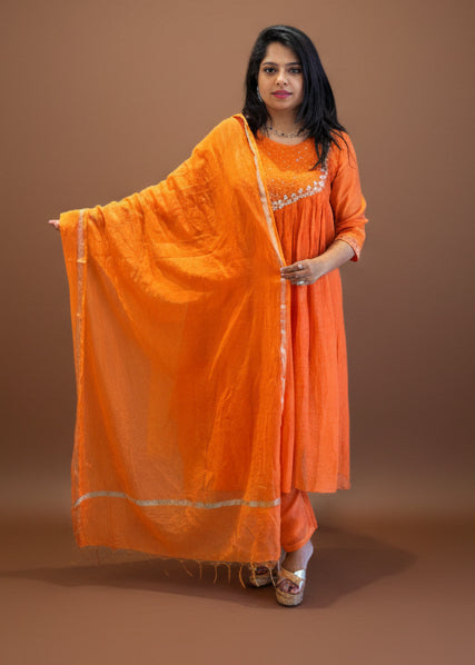 "Sita" Orange Mul Chanderi Silk Anarkali Handwork Kurtha 141 Set