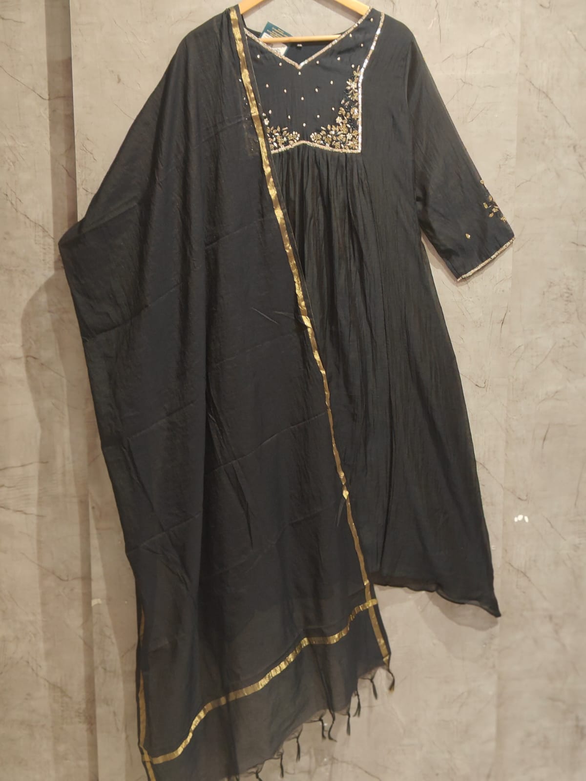 Black Mul Chanderi Hand Embroidery Anarkali Kurtha 228