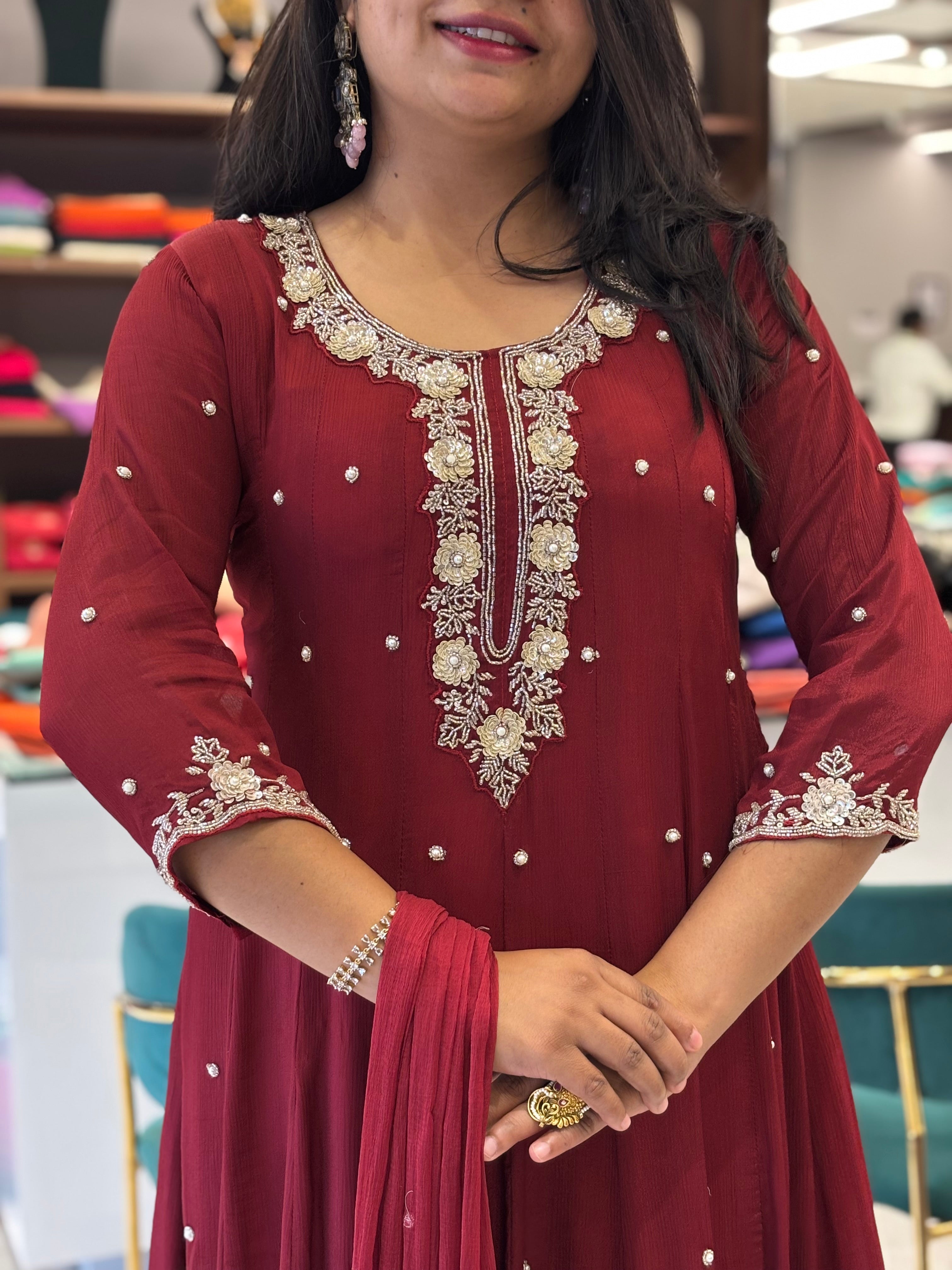 Maroon Anarkali Chinnon Hand Embroidery Kurtha 567