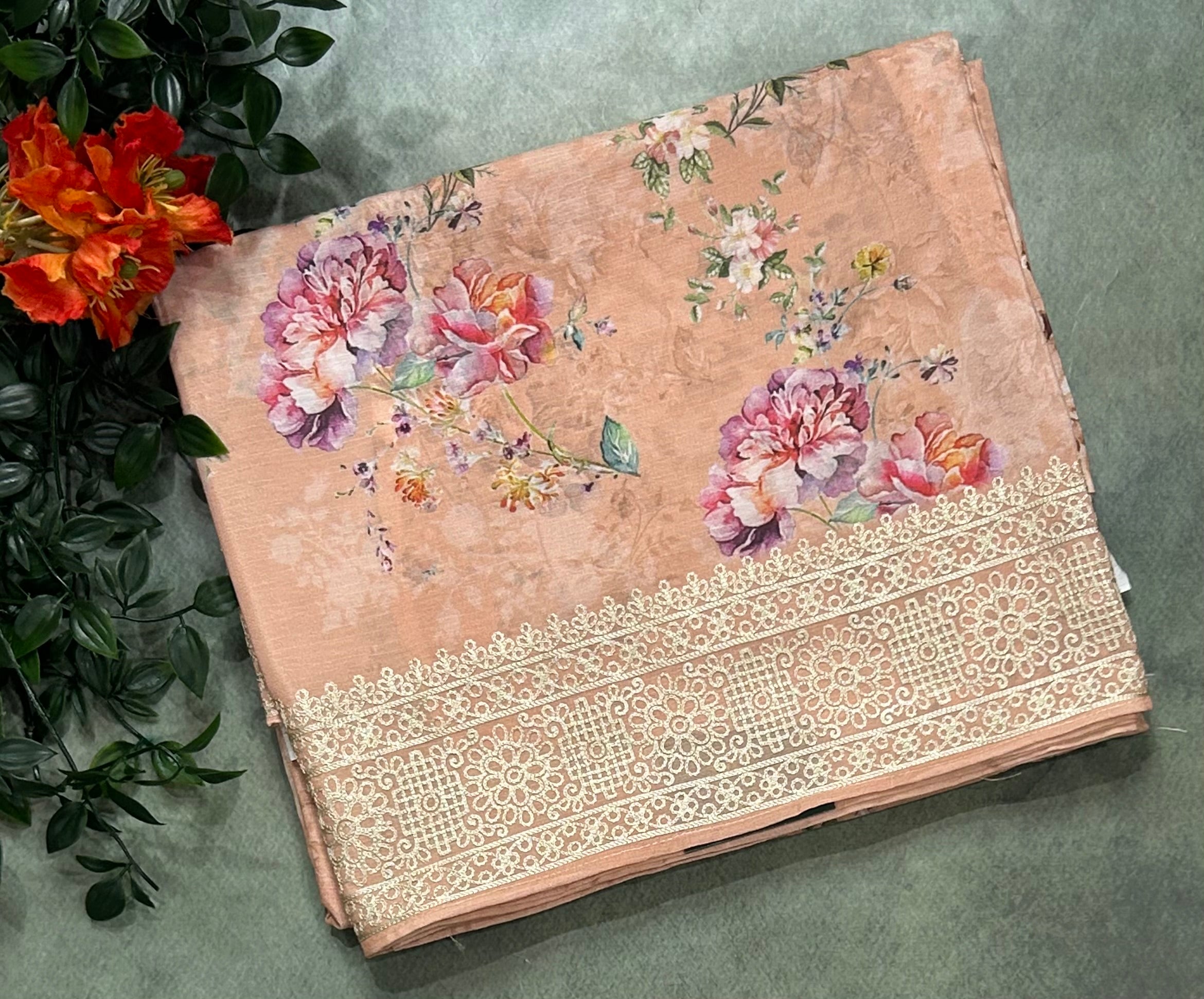 Peach digital printed border 104 chinnon saree