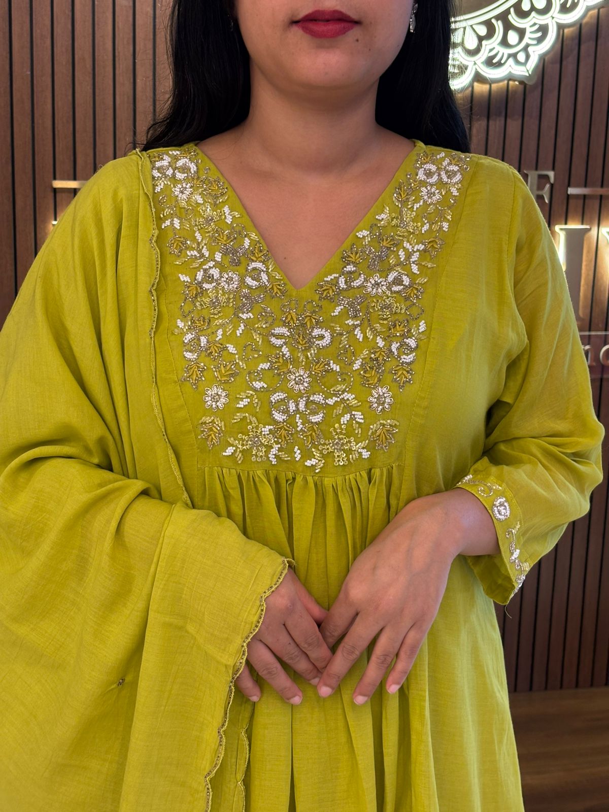 Green Mul Chanderi  Silk Anarkali Handwork Kurtha Set