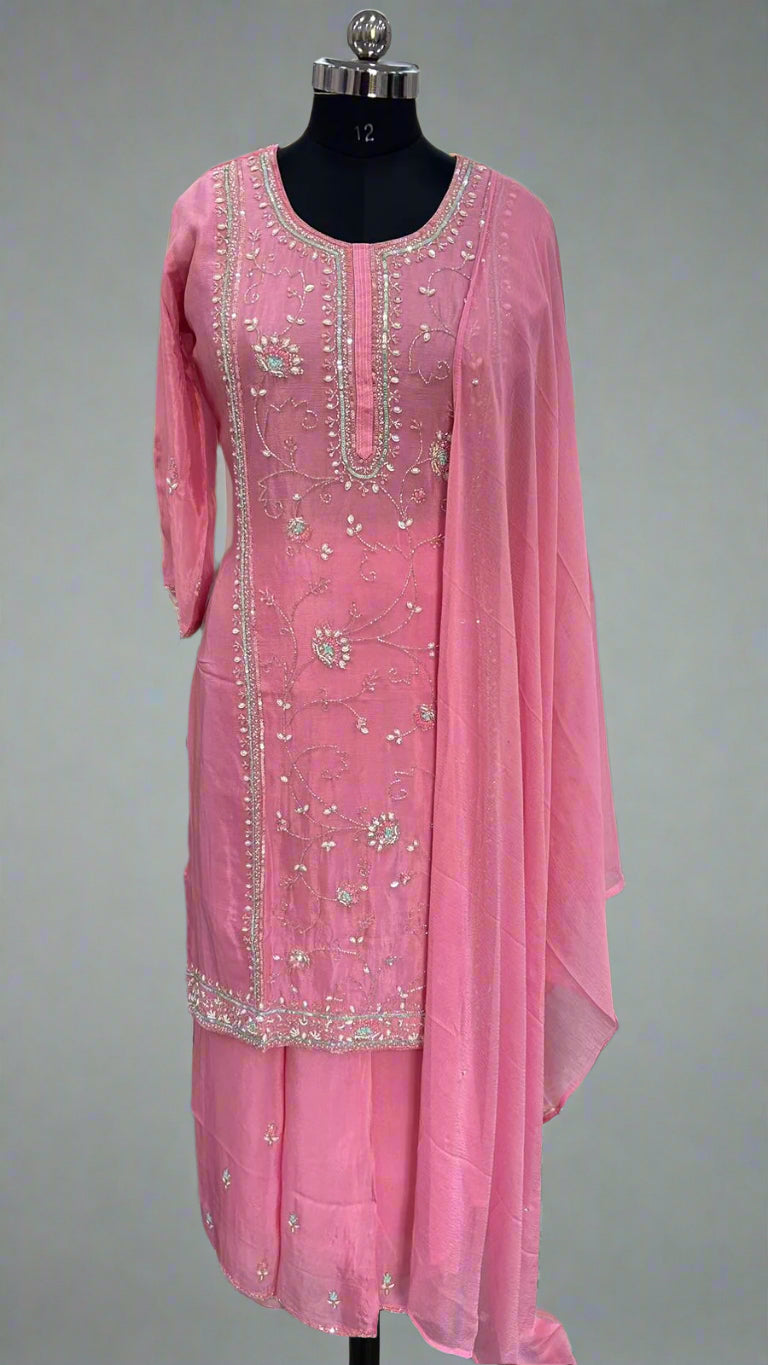 "PARI" Baby pink  Yellow Designer Kurtha 22 Set with Handwork and Palzoo Pant