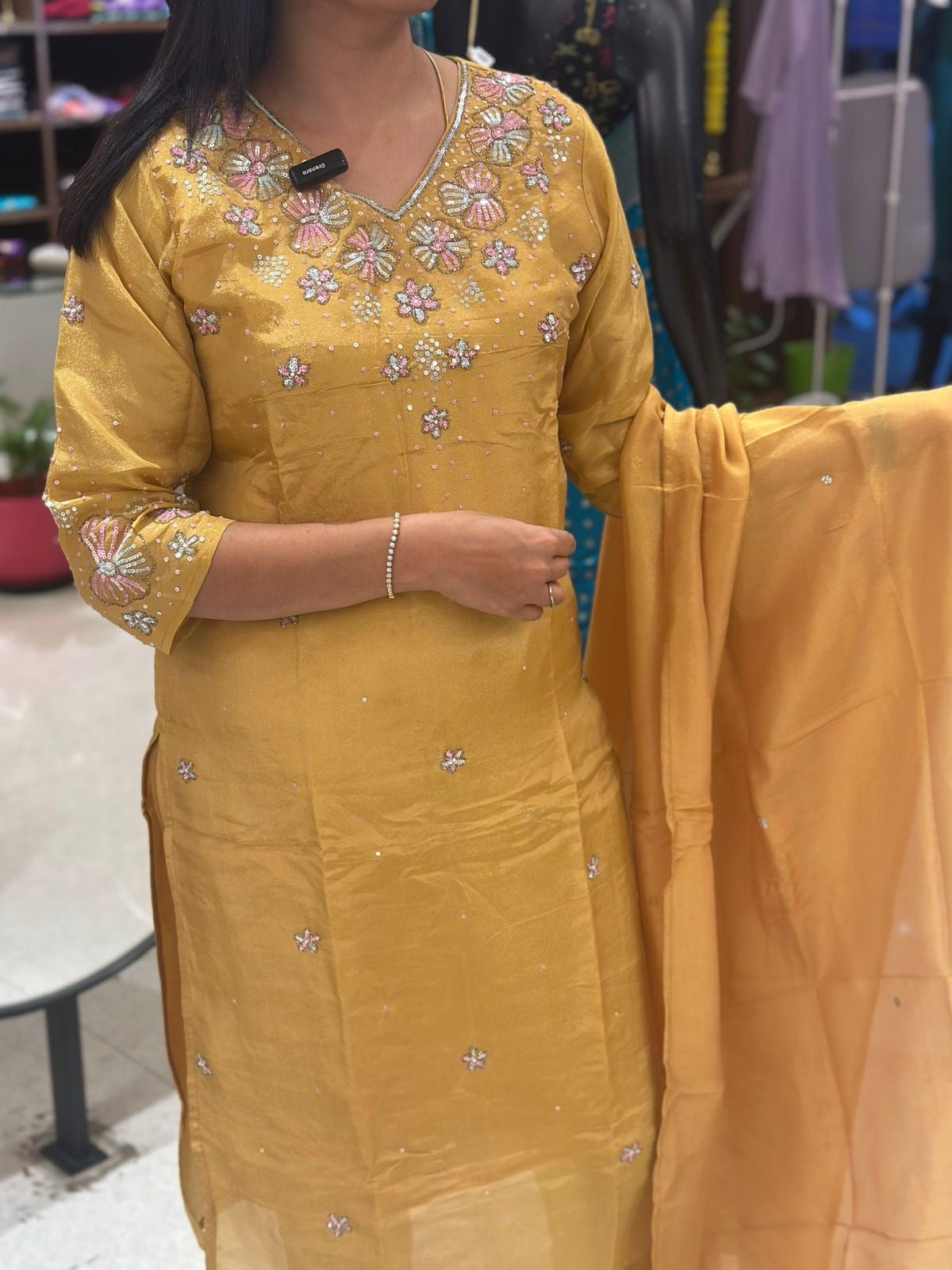 “Chandini" Gold tissue Shimmer silk Kurtha suit with work hand embroider 088