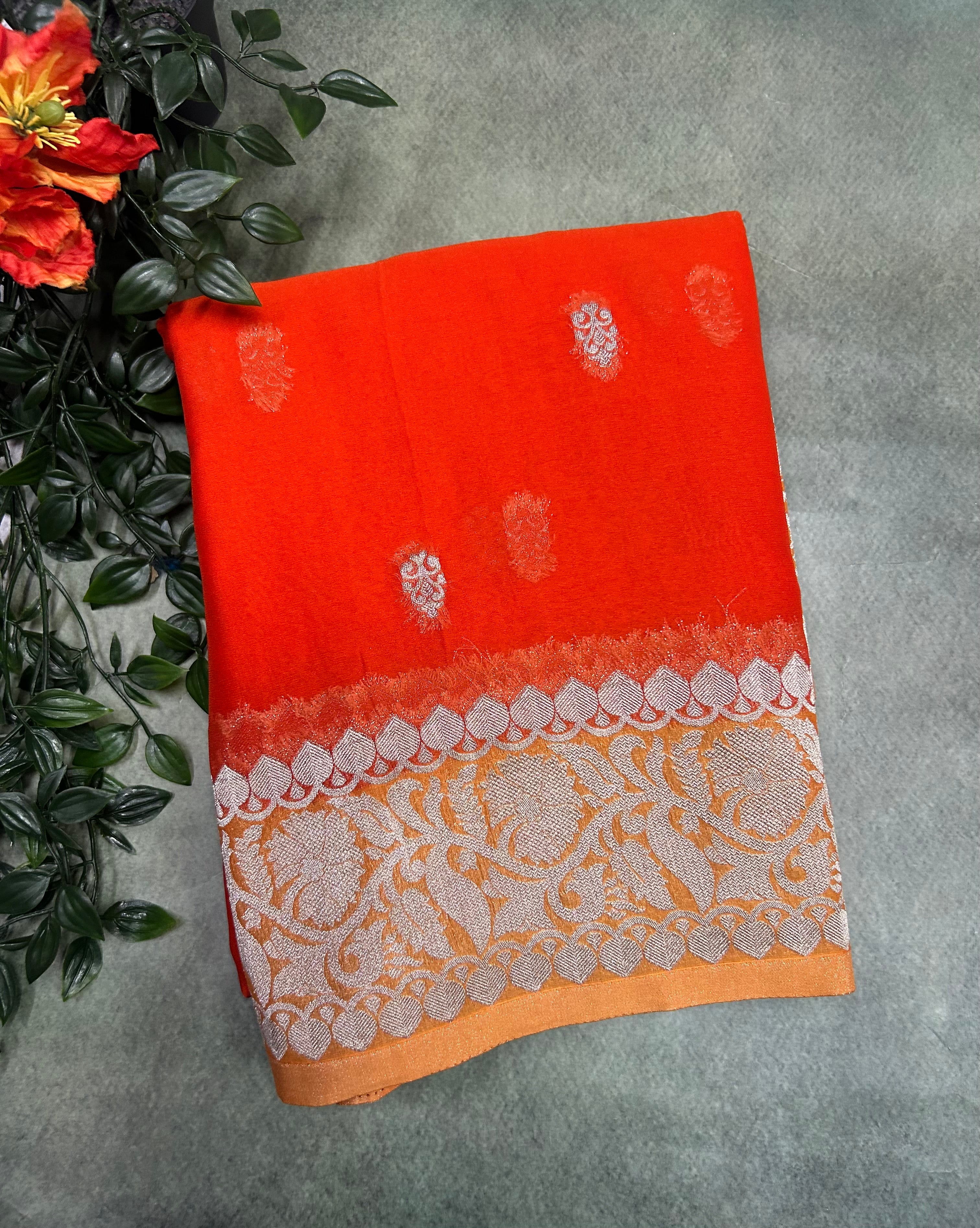 Orange small Butta semi chiffon Benarasi 105 saree