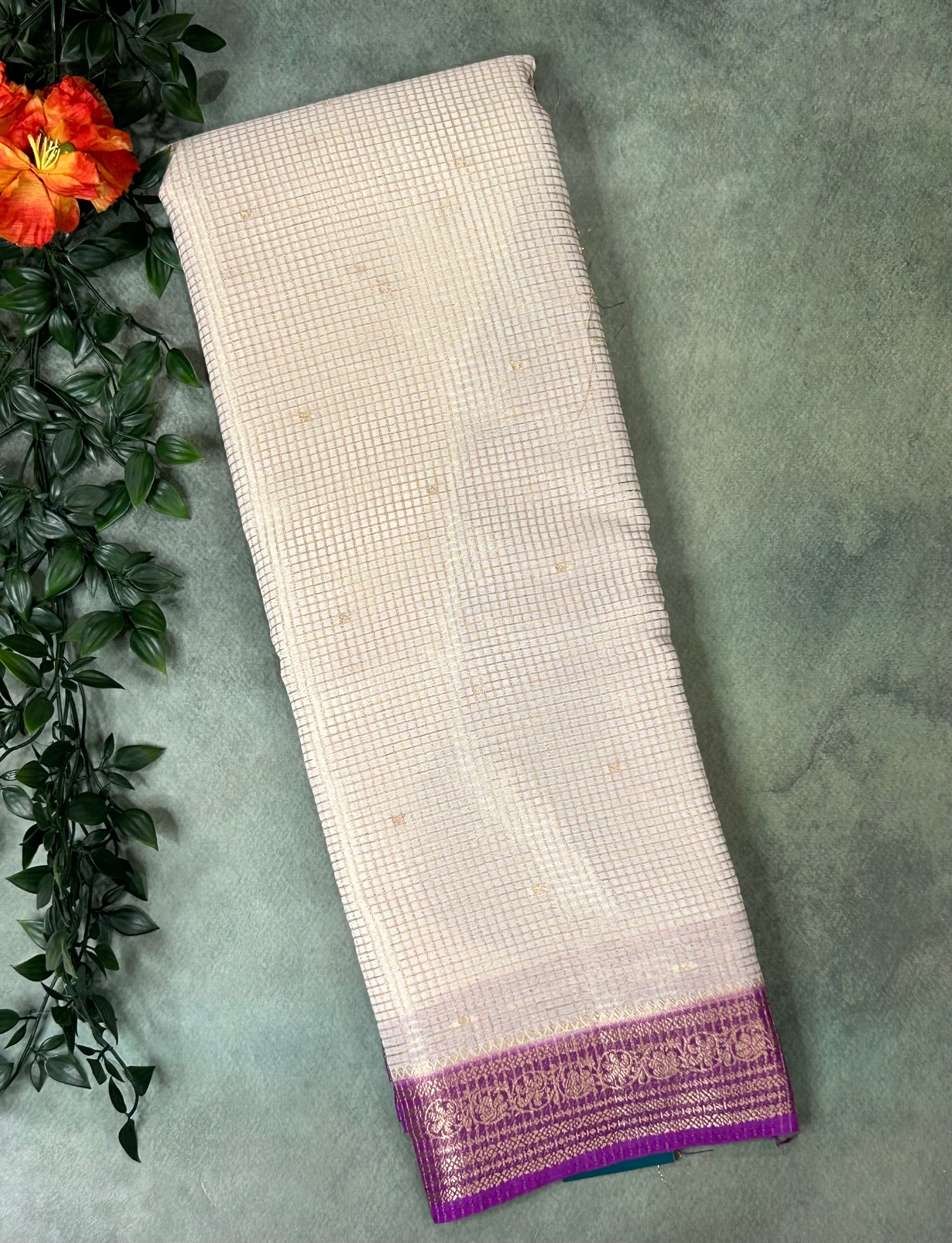 Cream small checks semi mysore crepe-12 saree