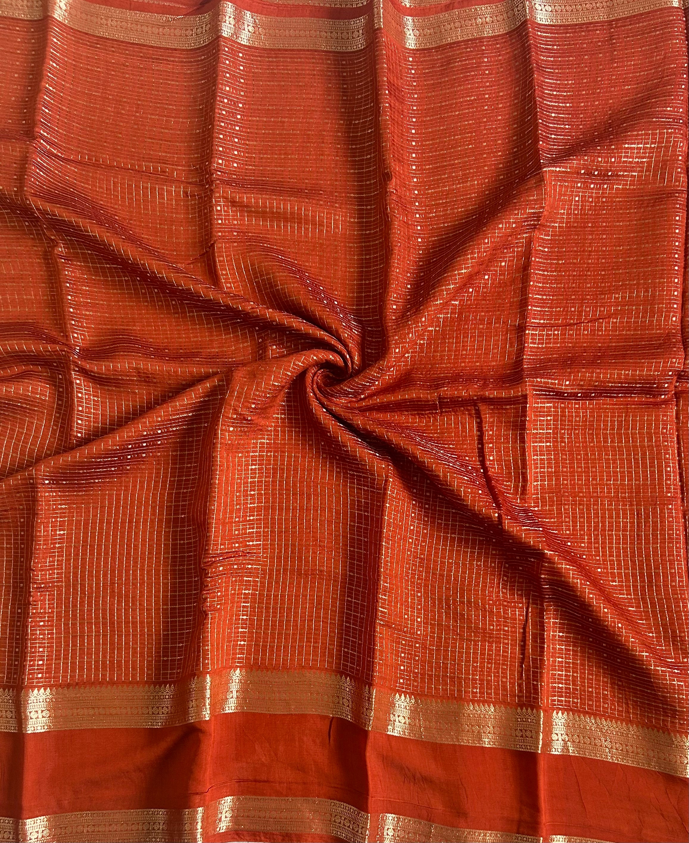 Rust orange small checks soft Tussar 03 crepe saree