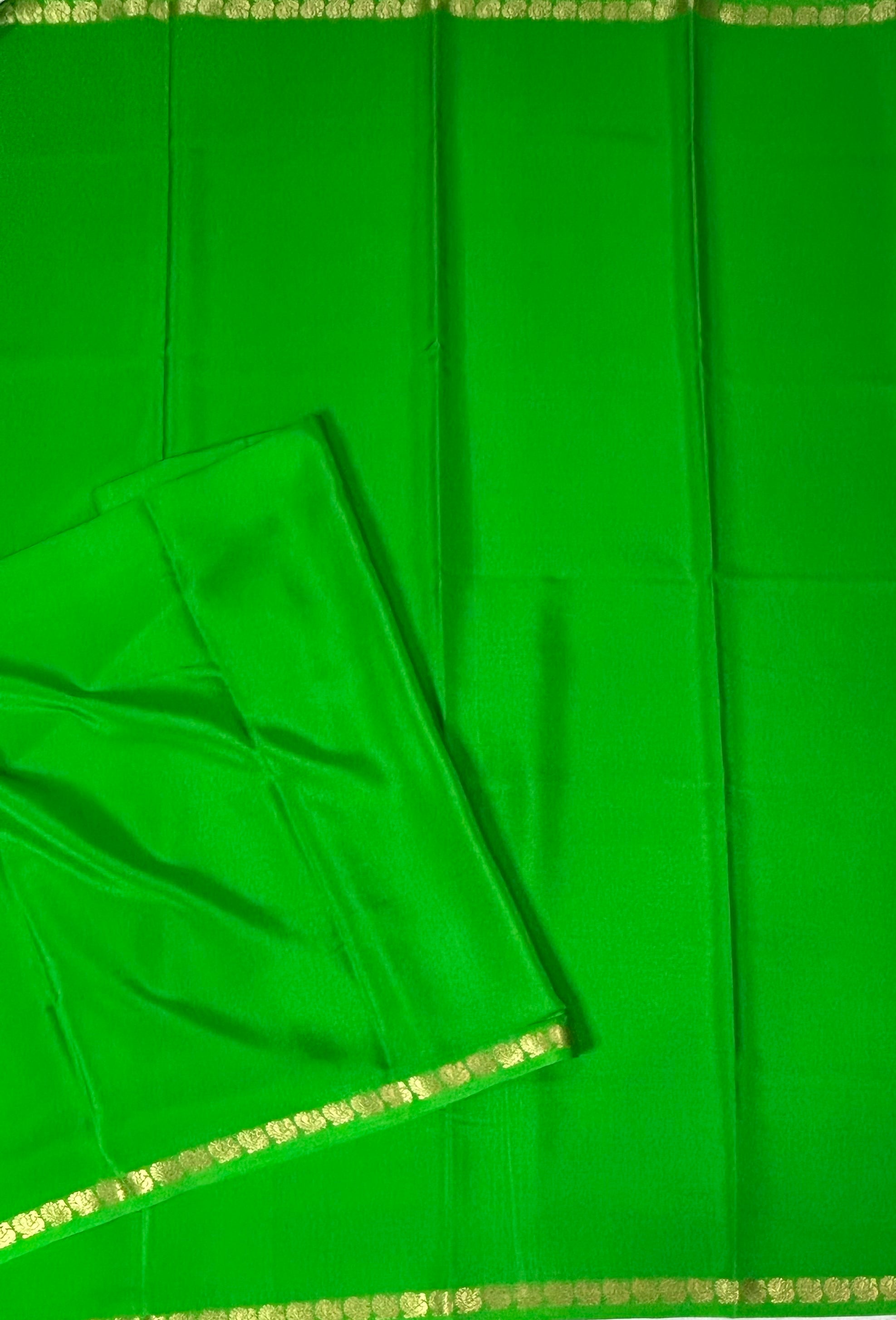 Parrot green-2 plain one inch pure mysore silk-12 saree