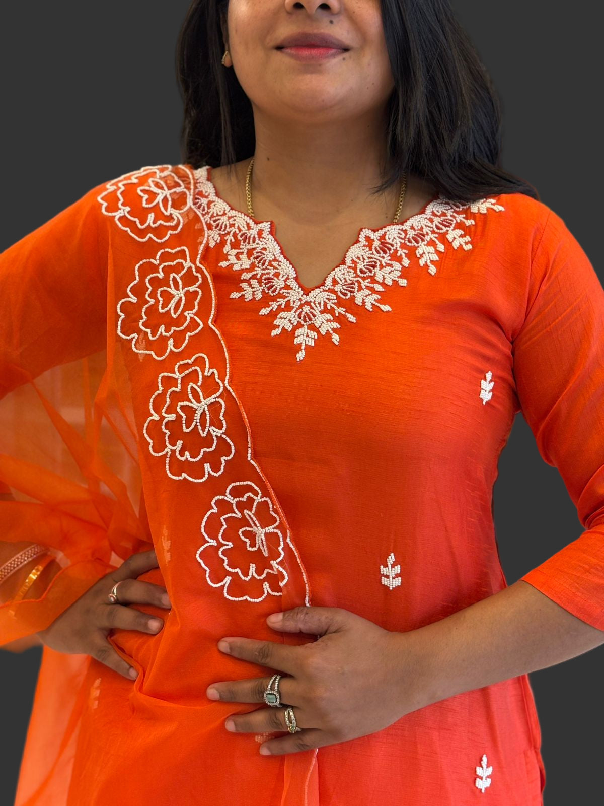 Orange Handwork Dola silk Kurtha 811