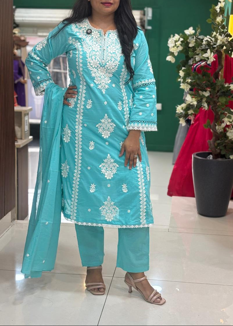 Blue Mul Cotton  Chikankari Work Straight Fit Kurtha 196